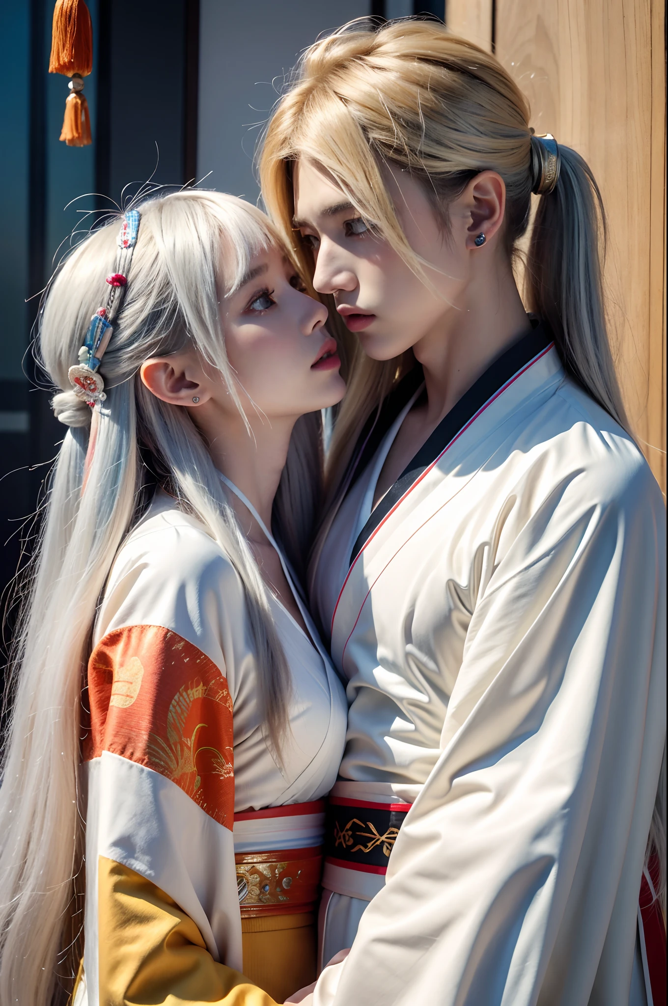 1 man,sharp looking blue eyes,Sharp pupils,White sharp hair,He wore a black noble robe,Intimate hugs and kisses to his lovely wife((35-year-old face))