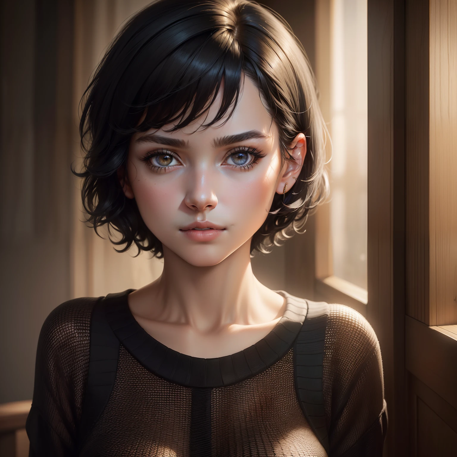 (masterpiece:1.3), (8k, photorealistic, RAW photo, best quality: 1.4), (1girl), beautiful face, (realistic face), (black hair, short hair:1.3), beautiful hairstyle, realistic eyes, beautiful detailed eyes, (realistic skin), beautiful skin, (sweater), absurdres, attractive, ultra high res, ultra realistic, highly detailed, golden ratio