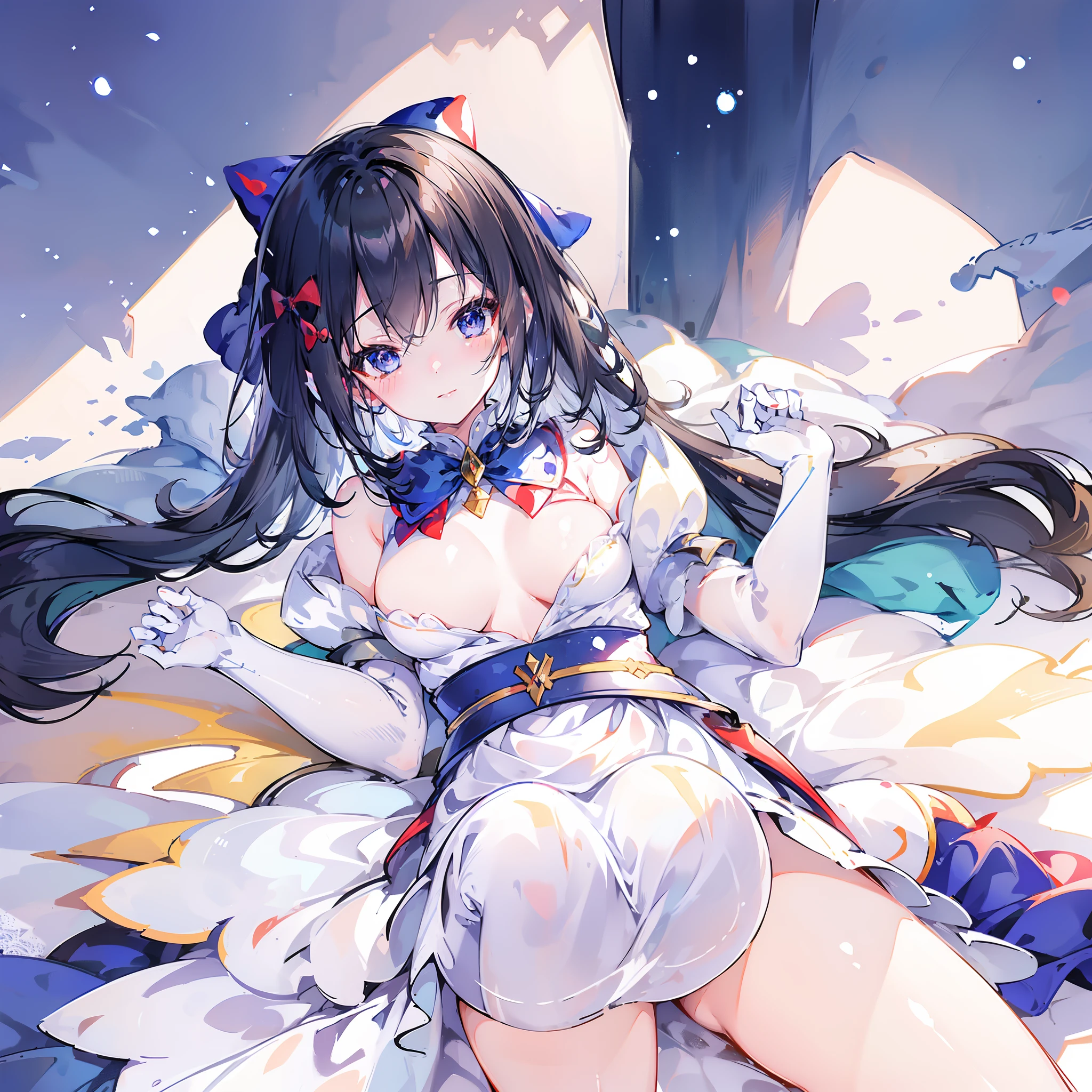 Masterpiece, Super fine illustration, Best quality, Light particles, Ultra-detailed, 8K wallpaper, (Bright colors:1.2), Solo, (A little girl), Big breasts, (Black hair), (Hair Bow:1.5), (Red bow), Disheveled hair, Long hair, Curly hair, Shiny hair, Shiny skin, beautiful blueish eyes, Shiny eyes, Happy smile, Reddening cheeks, (snow white and the seven dwarfss:1.4), Blue dress, puff sleeves, Yellow skirt, fantasy, village house, apple, Cowboy shot, anime big breast,
