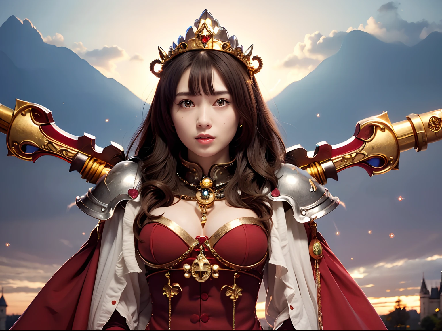 (masutepiece), Professional , masterpiece、top-quality、photos realistic , depth of fields (Gemstone Silver Metal Body:1.9),(Matte White、Particles of light、Jewel Gold Weapon、(Gorgeous castle background)、(Jewel Metal Body:1.4),Gorgeous Jewel Metal Weapons , Detailed Sword of the Brave ,( Soldier background in metal armor) ,warhammer 40k , adepta sororitas,Detail and ornate jewel crown、独奏、Brown hair、(Gangle's forest background)、Beautiful Caucasian beauty、1a person、dynamic ungle,(((Diamond tiara with detail and luxury)))、a small face、A smile、Powerful poses、(Gorgeous castle background)、huge filesize、20 year old beautiful woman、Stand in the center of the screen、Thin female fingers、Straight long hair、Lightly open your mouth、