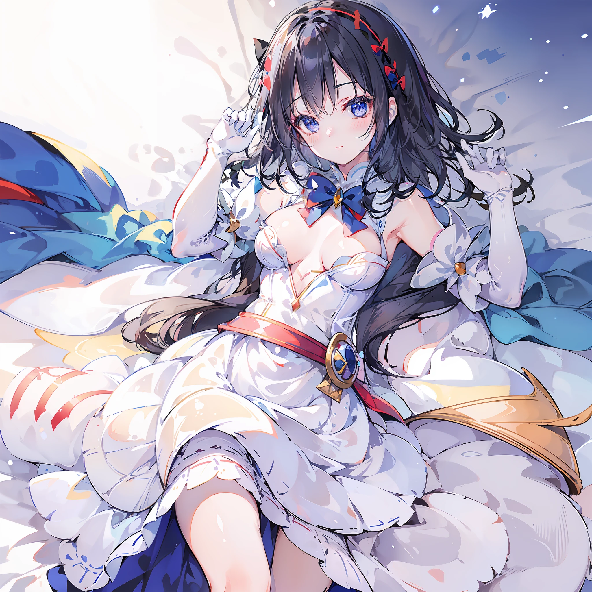 Masterpiece, Super fine illustration, Best quality, Light particles, Ultra-detailed, 8K wallpaper, (Bright colors:1.2), Solo, (A ), Big breasts, (Black hair), (Hair Bow:1.5), (Red bow), Disheveled hair, Long hair, Curly hair, Shiny hair, Shiny skin, beautiful blueish eyes, Shiny eyes, Happy smile, Reddening cheeks, (snow white and the seven dwarfss:1.4), Blue dress, puff sleeves, Yellow skirt, fantasy, village house, apple, Cowboy shot, anime big breast,