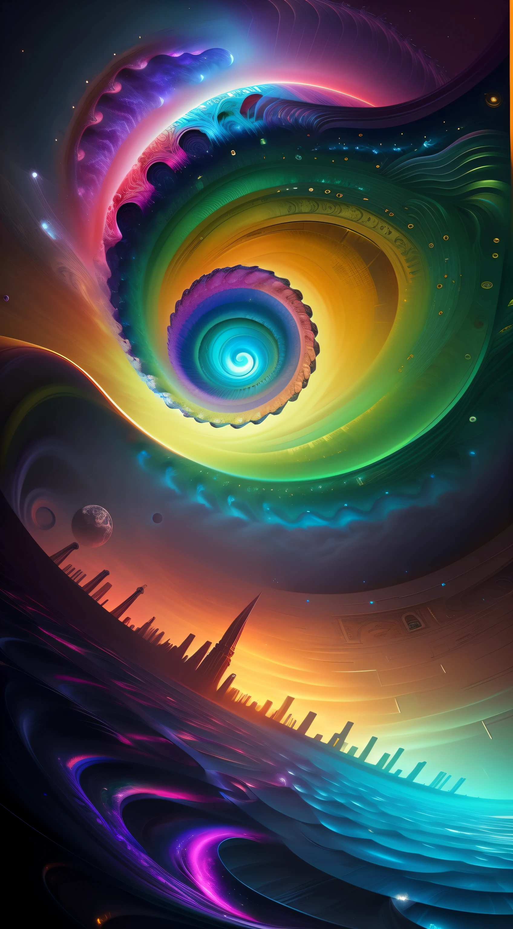 a painting of a spiral shaped spiral with a city in the background, 4k highly detailed digital art, colorfull digital fantasy art, beautiful art uhd 4 k, swirling vortex of energy, space fractal gradient, swirling magical energy, 4k solarpunk wallpaper, psychedelic surreal art, 4k detailed digital art, pulled into the spiral vortex, psytrance artwork