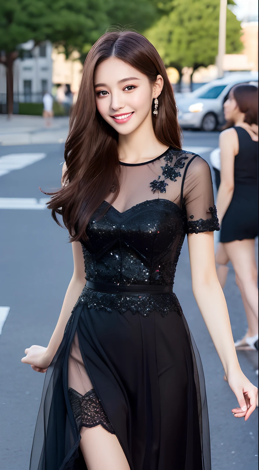((best qualtiy,8k,tmasterpiece:1.3)), 1girll, ssmile, full bodyesbian, Slim Faces, Beautiful woman, (dark brown hair), full length dress :1.1, Super detailed face, Detailed eyes, 二重まぶた, blur backgroun, Slim Faces, 城市, do lado de fora, the street,Bigchest
