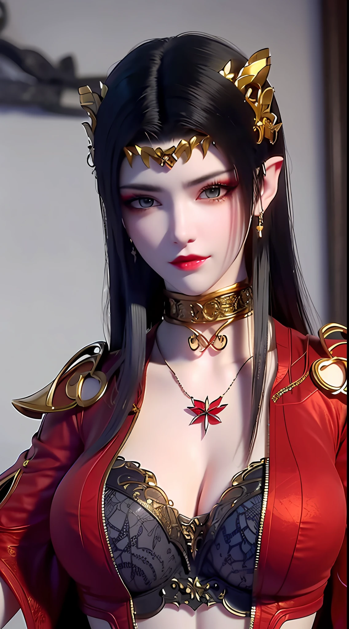 1 very beautiful queen medusha in hanfu dress, thin red silk shirt with many yellow motifs, black lace top, long hair dyed black, beautiful hair jewelry, pretty face pretty and cute, perfect face, earring jewelry, head and hair jewelry, antique jewelry, big red eyes, sharp eye makeup, meticulous makeup eyelashes, thin eyebrows, nose tall, pretty red lips, no smile, pursed lips, rosy cheeks, breast augmentation, wide breasts, big breasts, well-proportioned breasts, slim waist, red mesh stockings with black lace, Chinese hanfu style, fictional art patterns, colors vivid and realistic, RAW photos, realistic photos, ultra-high quality 8k surreal photos, cool photos, (virtual lighting effects: 1.8), 10x pixels, magic effects (background): 1.8), super detailed eyes, beautiful girl body portrait, girl alone, ancient hanfu background, looking directly at the audience, wide original photo, 8k quality, super sharp, detailed and clear picture best, detailed light background,