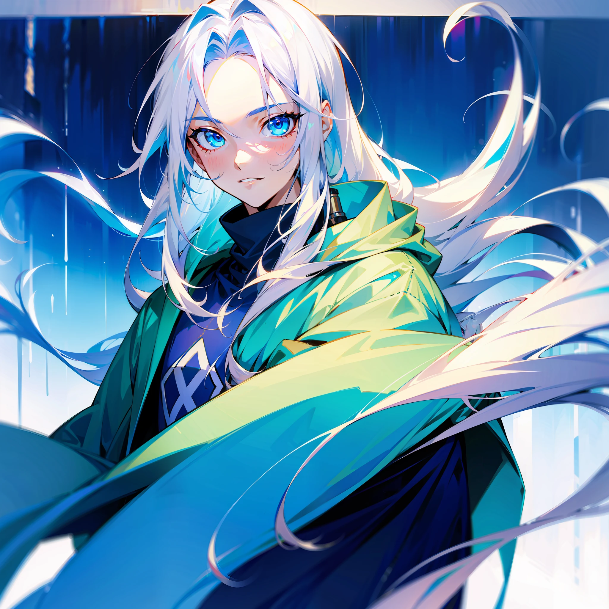 (tmasterpiece,best qualtiy),A beautiful boy with long white hair,blue color eyes,Sweatshirt