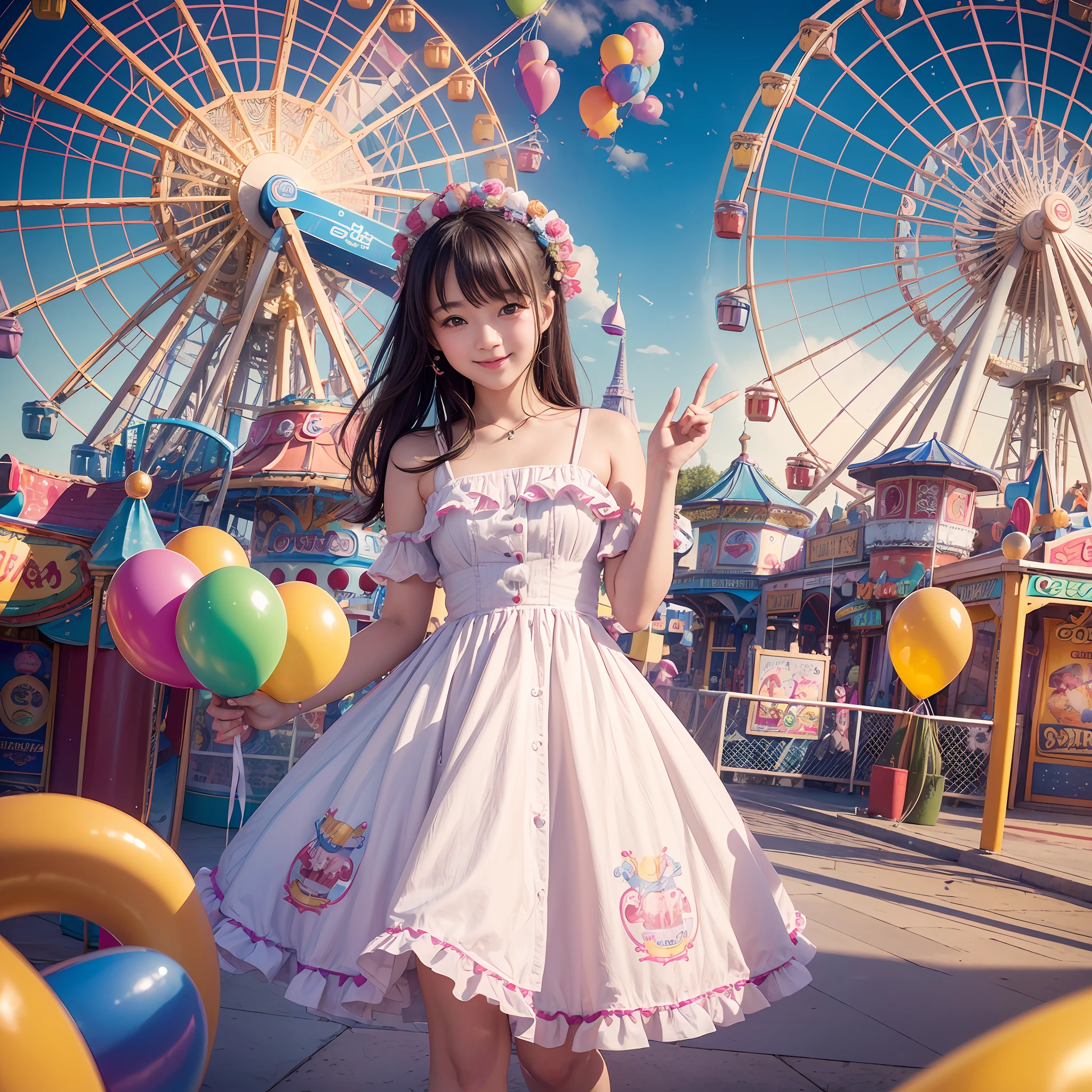 (8K、top-quality、超A high resolution、masterpiece:1.2)、(Photorealsitic:1.4)、(detailed skins:1.3)、(bokeh dof)、女の子1人、(ulzzang-6500:1.0)、(style-keta: 0.8)、Portrait of cute petite teen at 15 years old、Beautiful Japan girl at 15 years old、Teen、(Detail Eye) 、a smile、(Colorful amusement park)、stas、happiness、lots of balloons、the Ferris wheel、merry-go-round、rollercoaster、Elaborate CG 8K wallpapers、dynamic ungle、beautiful lighting、profetional lighting、(foco nítido)