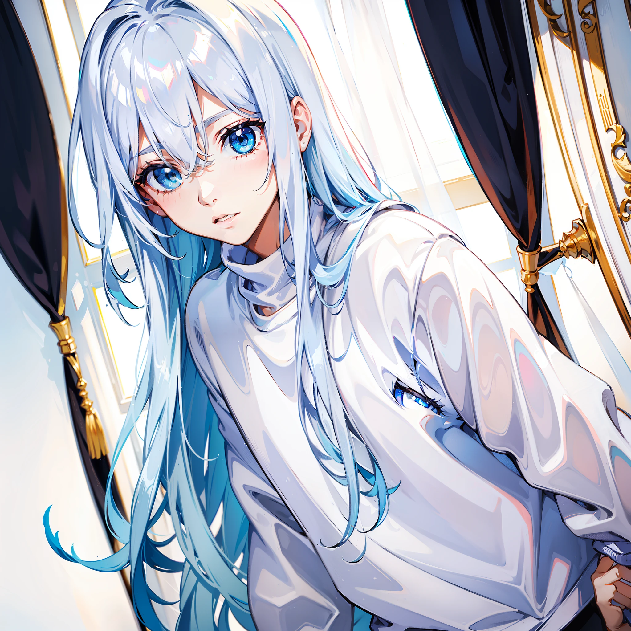 (tmasterpiece,best qualtiy),A beautiful boy with long white hair,blue color eyes,Sweatshirt