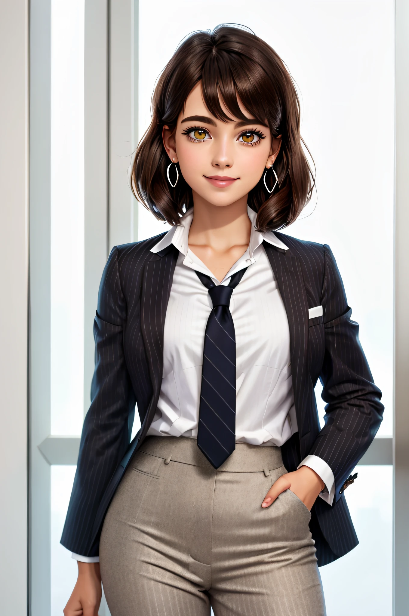4k, Obra maestra, Altas Resoluciones, absurdos,Ojos y cara extremadamente detallados,
1girl, solamente, Cabello largo, They are smiling, falda, brown hair, camisa, cabello negro, mangas largas, jewely, En pie, Camisa blanca, pantys, Pendientes, corbata, rayado, Camisa con cuello, dentro, falda negra, Oeste, formal, traje, corbata roja, pencil skirt, Reloj, realista, reloj, office lady, corbata a rayas, Striped pattern, Oficina, with a pencil_Oesteido