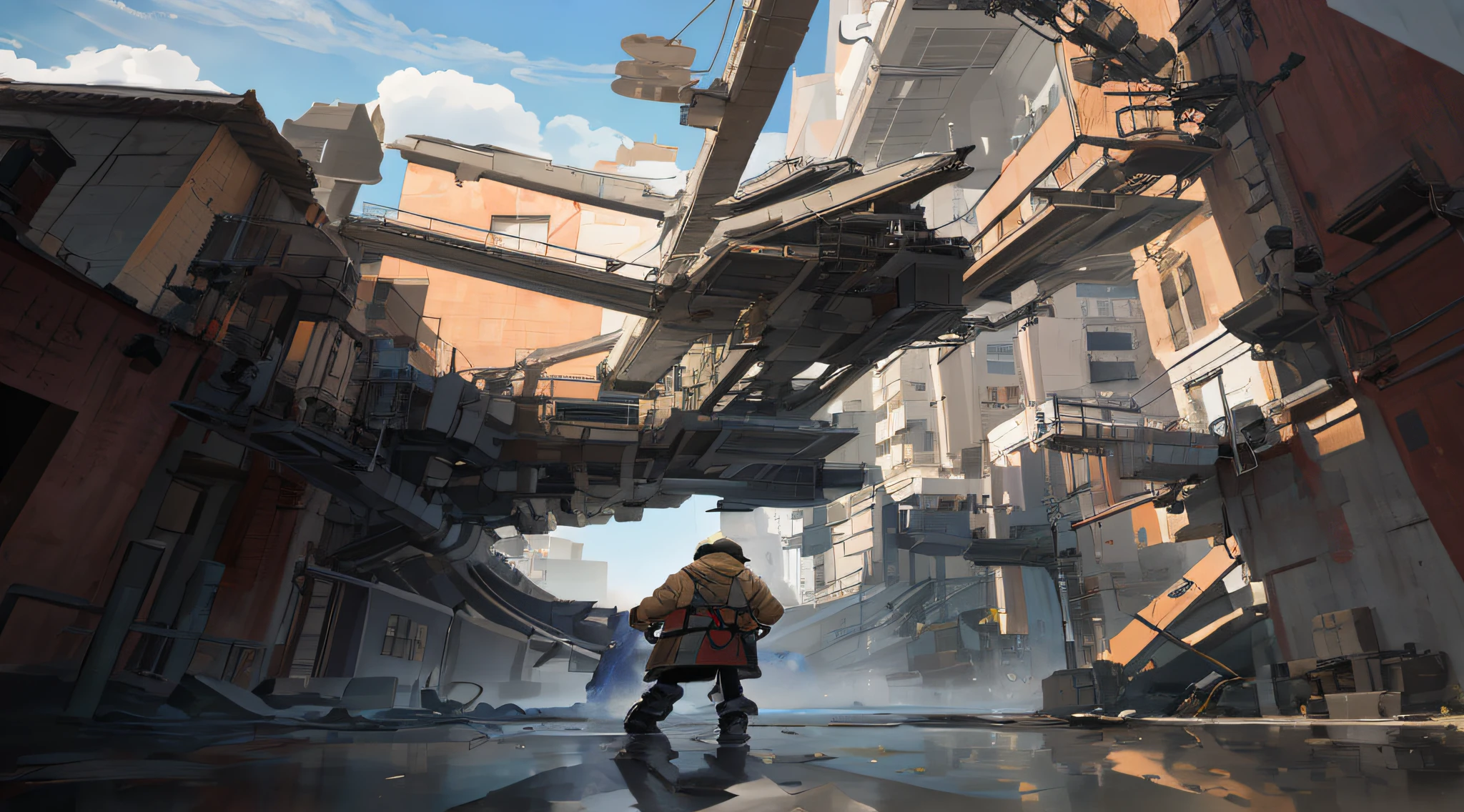 ((masterpiece:1.2, best quality)),movie,official art,promotional art,movie wallpaper,white background,full body,concept art,turnaround,reference sheet,production art,background,outdoor,original,raw photo,highres, (逼真,照片般逼真:1.2),超详细,基于物理的渲染,1boy,机械,水坑,反射,