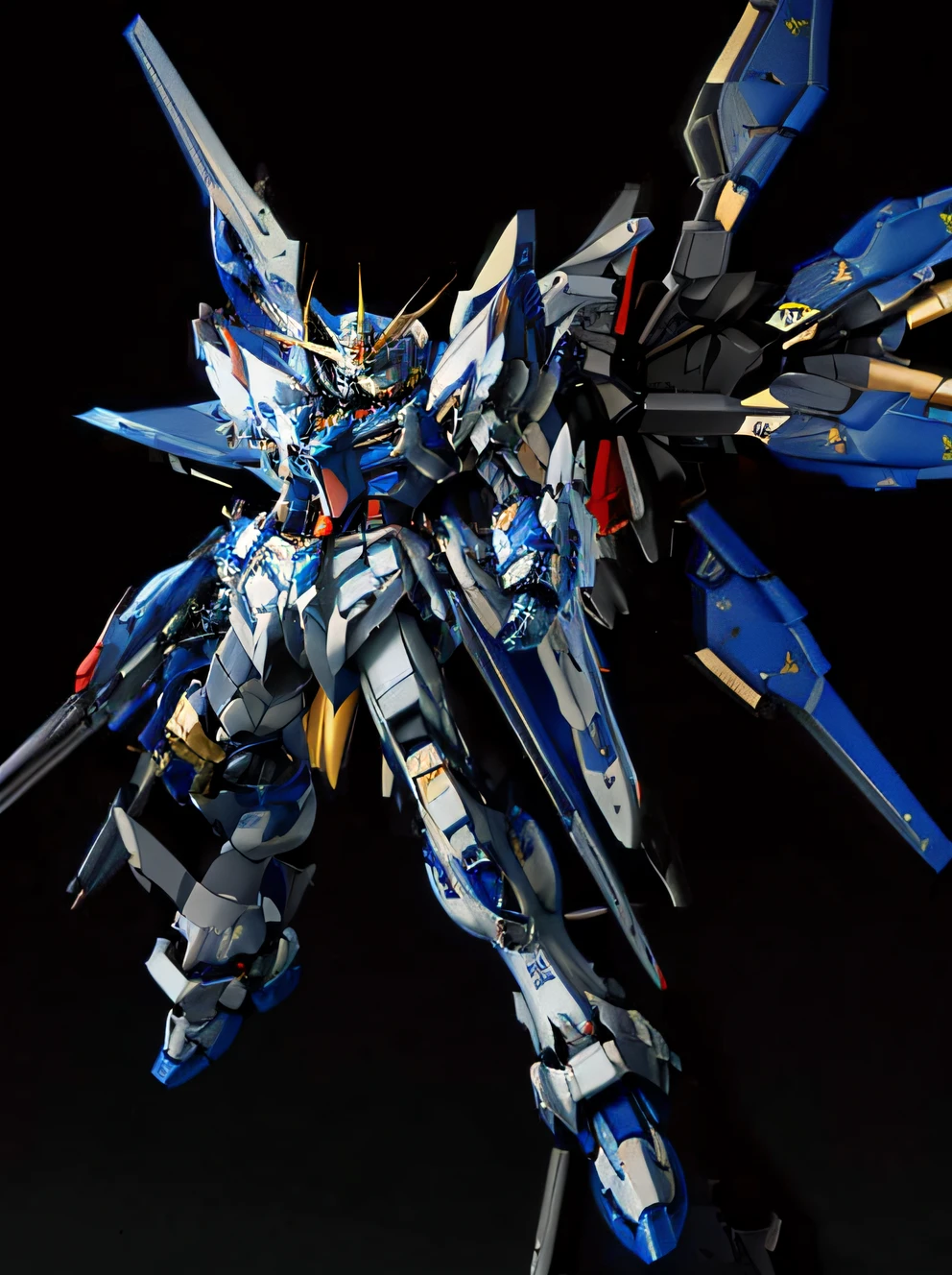 Close up of blue and white robot model, Extreme Gundam, gundam, GUNPLA, Gundam Robot, gundam is windmill shaped, action figure mecha, on a gundam, Gundam armor, super high detail picture, gundam style, Mobile Suit, hyper detailed masterpiece, anime large mecha robot, gundam wing style armor, high quality masterpiece painted