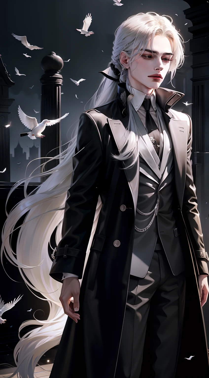 Silver hair，Outrageously long straight hair，Low ponytail，Semi-closed Eyes，Melancholy boy in a long black trench coat，Black shirt，black long boots，Holding a manuscript full of words，Surrounded by flying white doves，low-tied long hair，Anime style，back lit lighting，Diagram，frontage，Super detail in 8K。Hair is neat，Dove