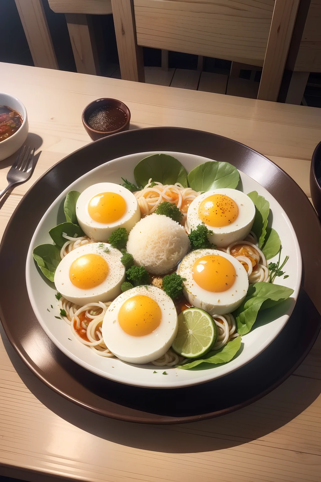 (Masterpiece:1.2), (Best quality), Detailed, hyper HD, Cinematic lighting, Sharp focus, (illustration:1.1), dining table,Large transparent salad bowl,Mulp shoots at the bottom,4 hot spring eggs are randomly laid on kelp buds,2 cut cooked potatoes,Cooked prawns,Two pairs of chopsticks,Two small rice bowls,Mix the chili noodles and soy flour and sprinkle on a plate