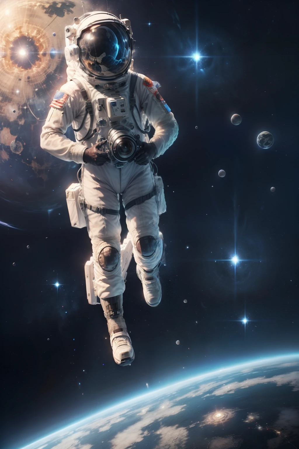 Astronauts walk on the surface of the moon ,Far away is the Earth。The nebula is brilliant。Cinema lenses。