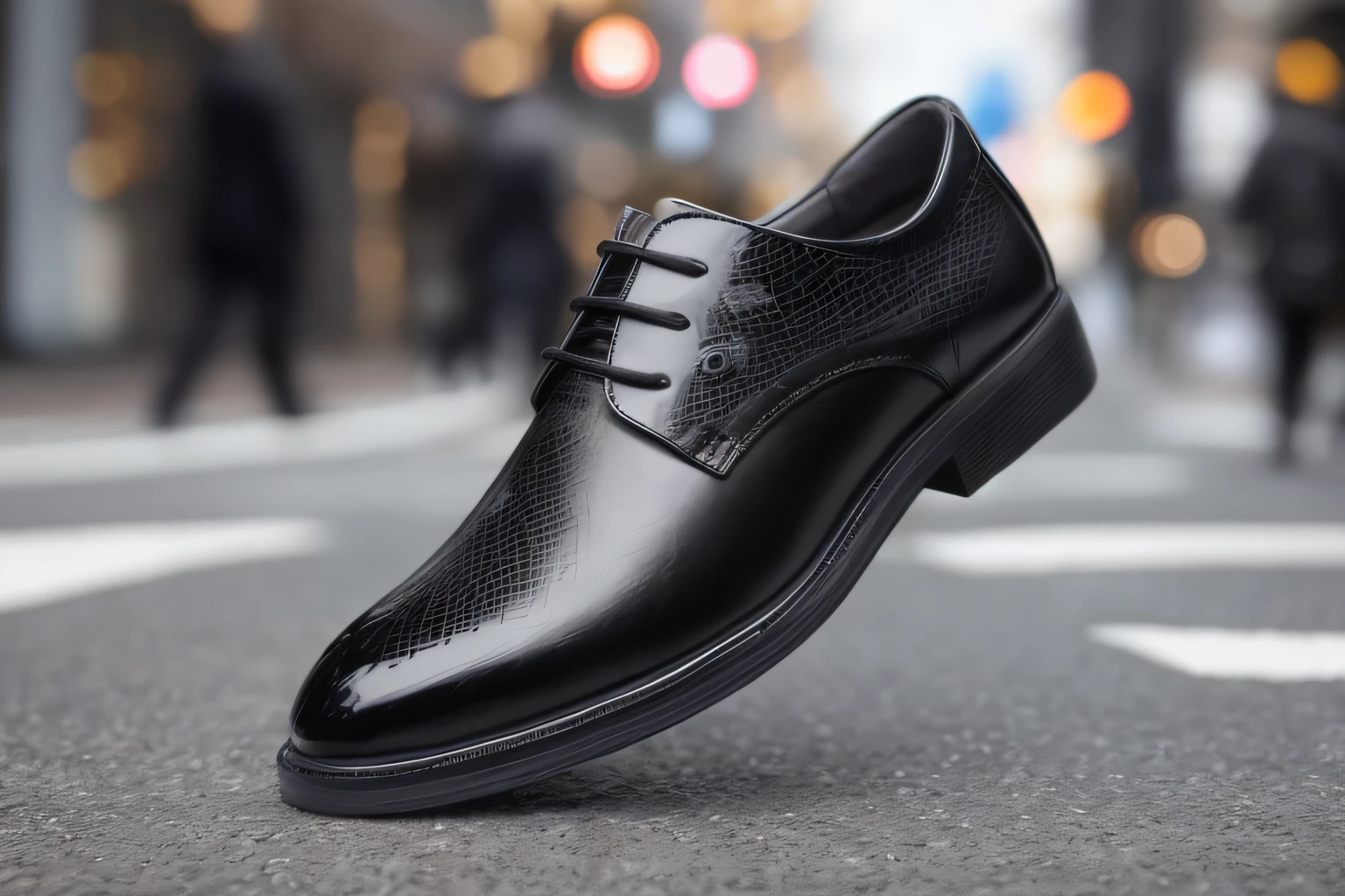 Close-up of black shoes，There is lace at the top, leather shoes, Black shoes, grey pants and black dress shoes, warm, vanta black, black leather slim clothes, daniel oxford, leather clothing and boots, black draconic - leather, Black leather garment, black quick, Men, whole shoe is in picture, Walk the streets of the city，One foot in the shoe，depth of fields，largeaperture，Urban street background，streetview，e621