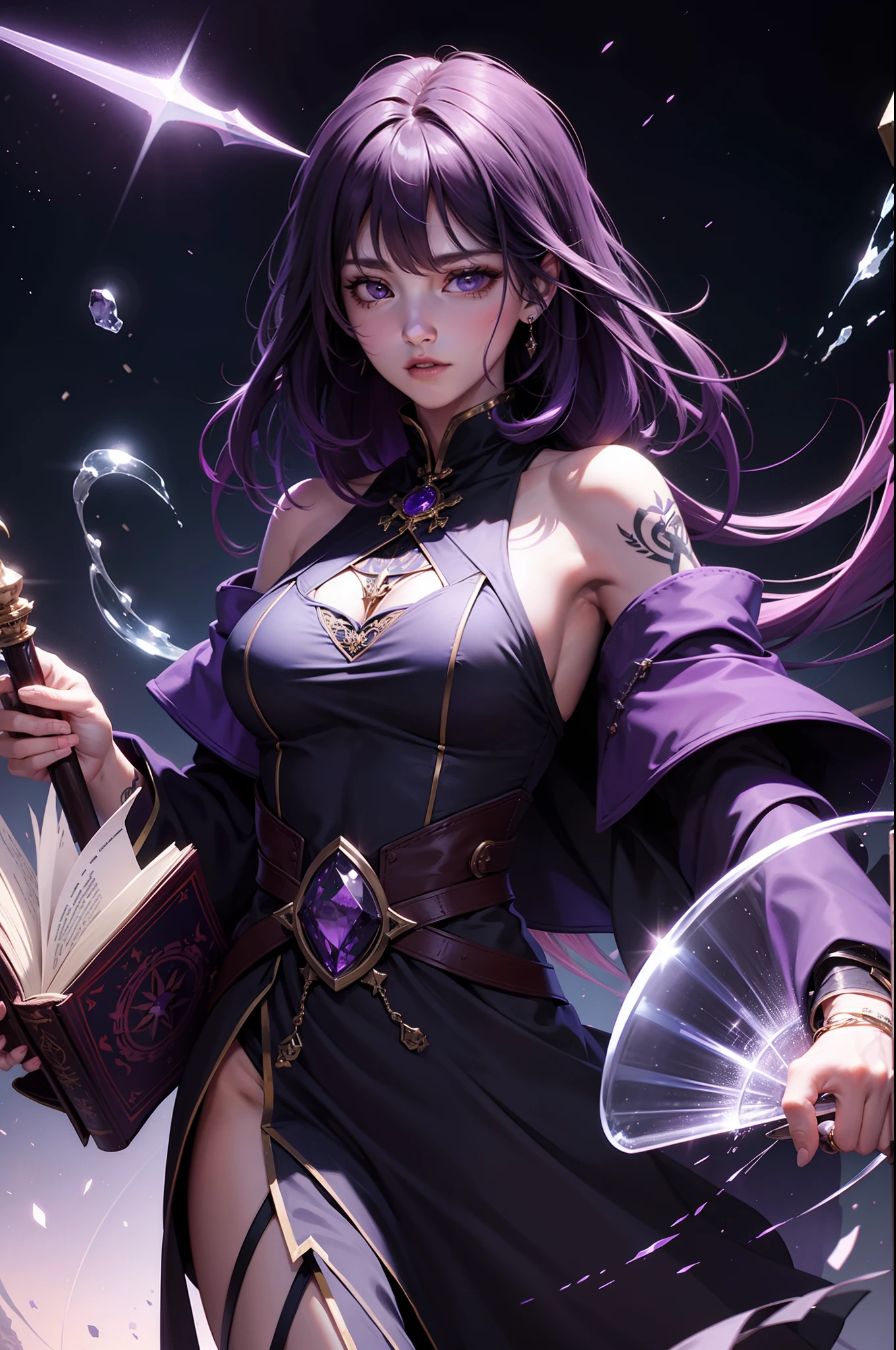 Dark tunic wizard hood details purple beautiful 4k crowd ritual books tattoos magic elegant features eyes purple dagger woman ultra quality