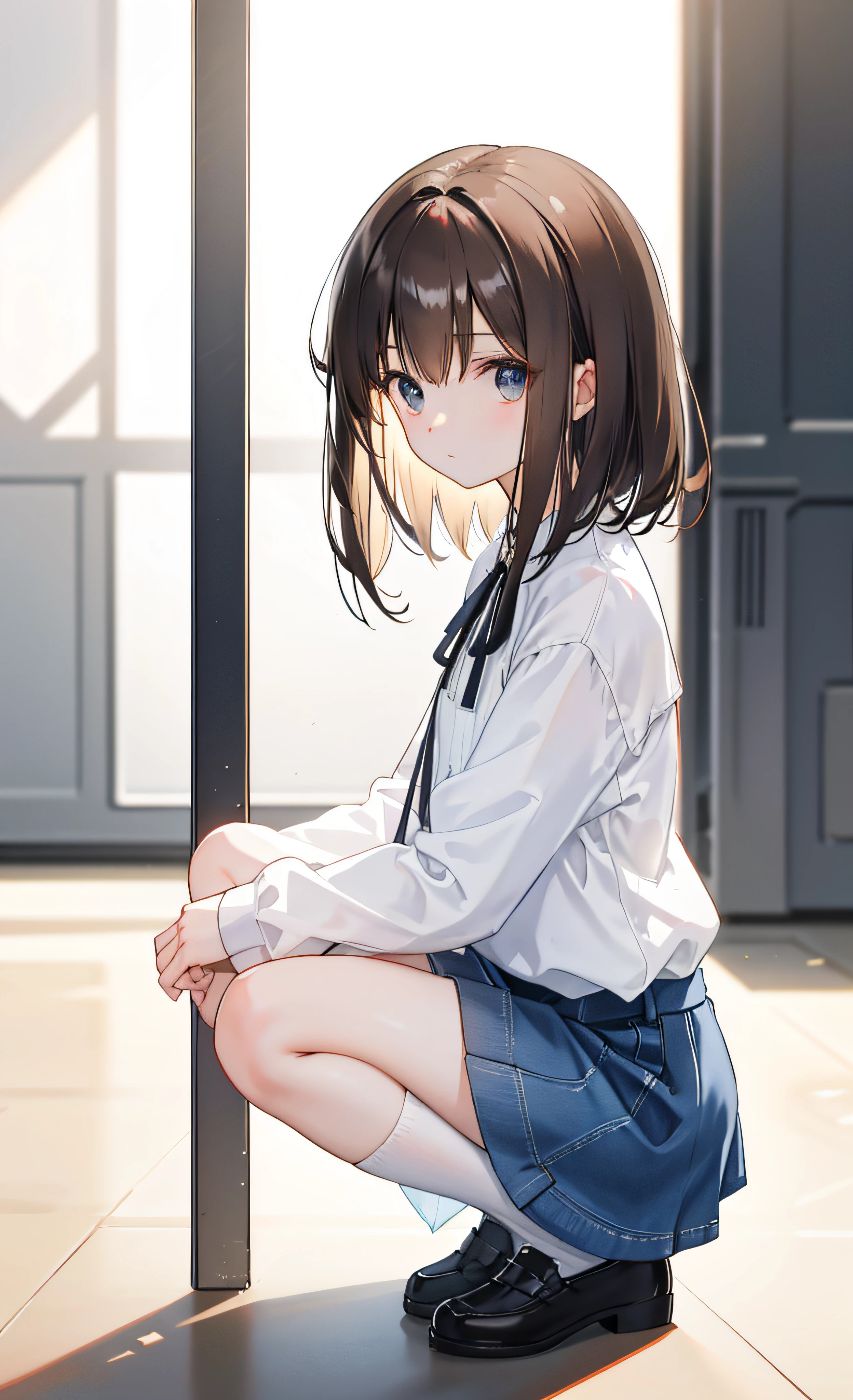 Photorealsitic, Bright indoor, Soft light, Low contrast, Shallow depth of field, Beautiful  girl illuminated by gentle light, long straight bangs hair, hair color is a dark chestnut shade with a slight brown tone, hair with a subtle and gentle wave, Short bob hair, (White blouses), (Denim miniskirt), (Silk White Socks), (pumps), (Full body:1.5), squatting, Blank white background
