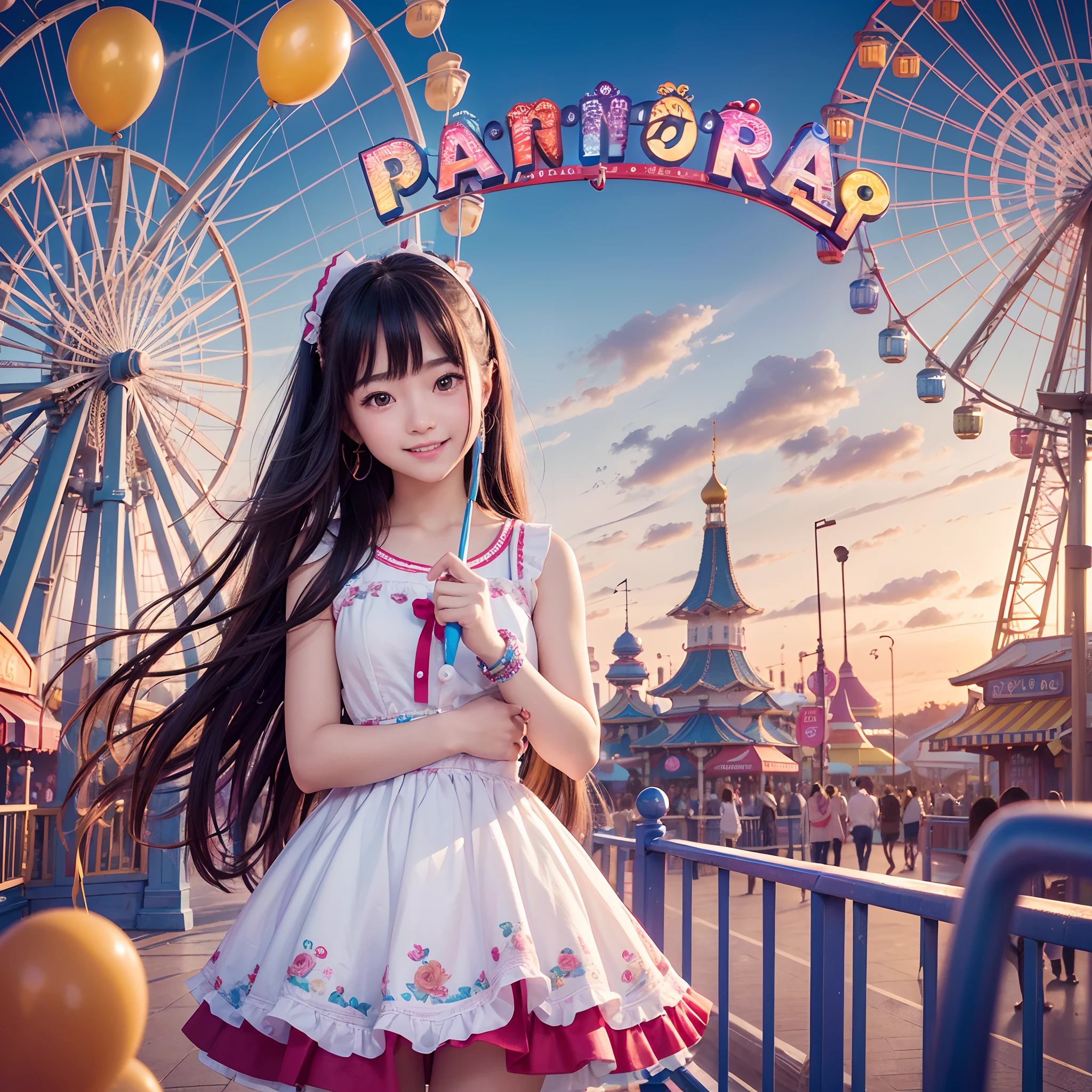 (8K、top-quality、超A high resolution、masterpiece:1.2)、(Photorealsitic:1.4)、(detailed skins:1.3)、(bokeh dof)、女の子1人、(ulzzang-6500:1.0)、(style-keta: 0.8)、Portrait of cute petite teen at 15 years old、Beautiful Japan girl at 15 years old、Teen、(Detail Eye) 、a smile、(Colorful amusement park)、stas、happiness、lots of balloons、the Ferris wheel、merry-go-round、rollercoaster、Elaborate CG 8K wallpapers、dynamic ungle、beautiful lighting、profetional lighting、(foco nítido)