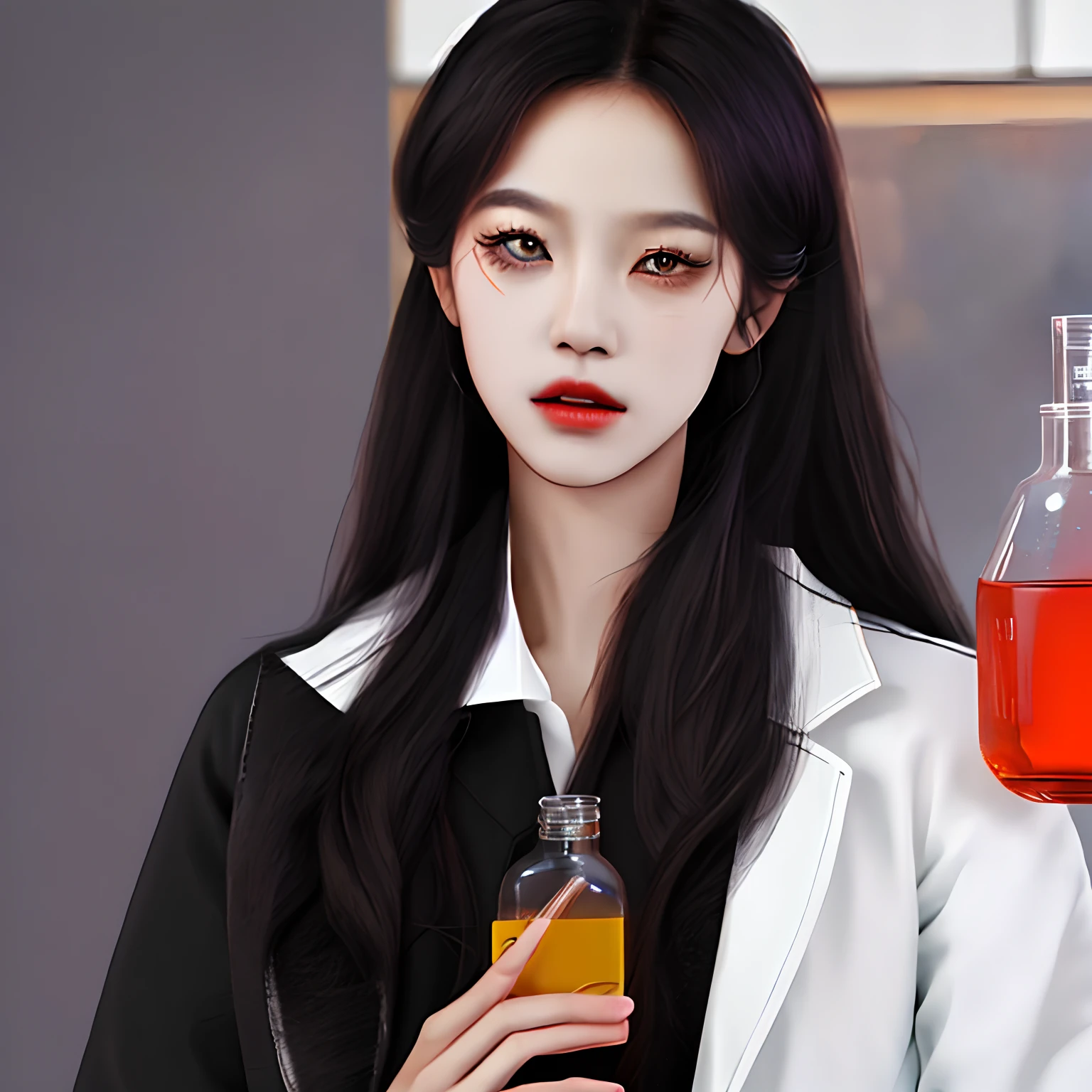 Red skin，schoolboy，Yellow-red eyes，with short black hair，Plain white long dress，Black coat coat，Chemistry experiment bottle in hand