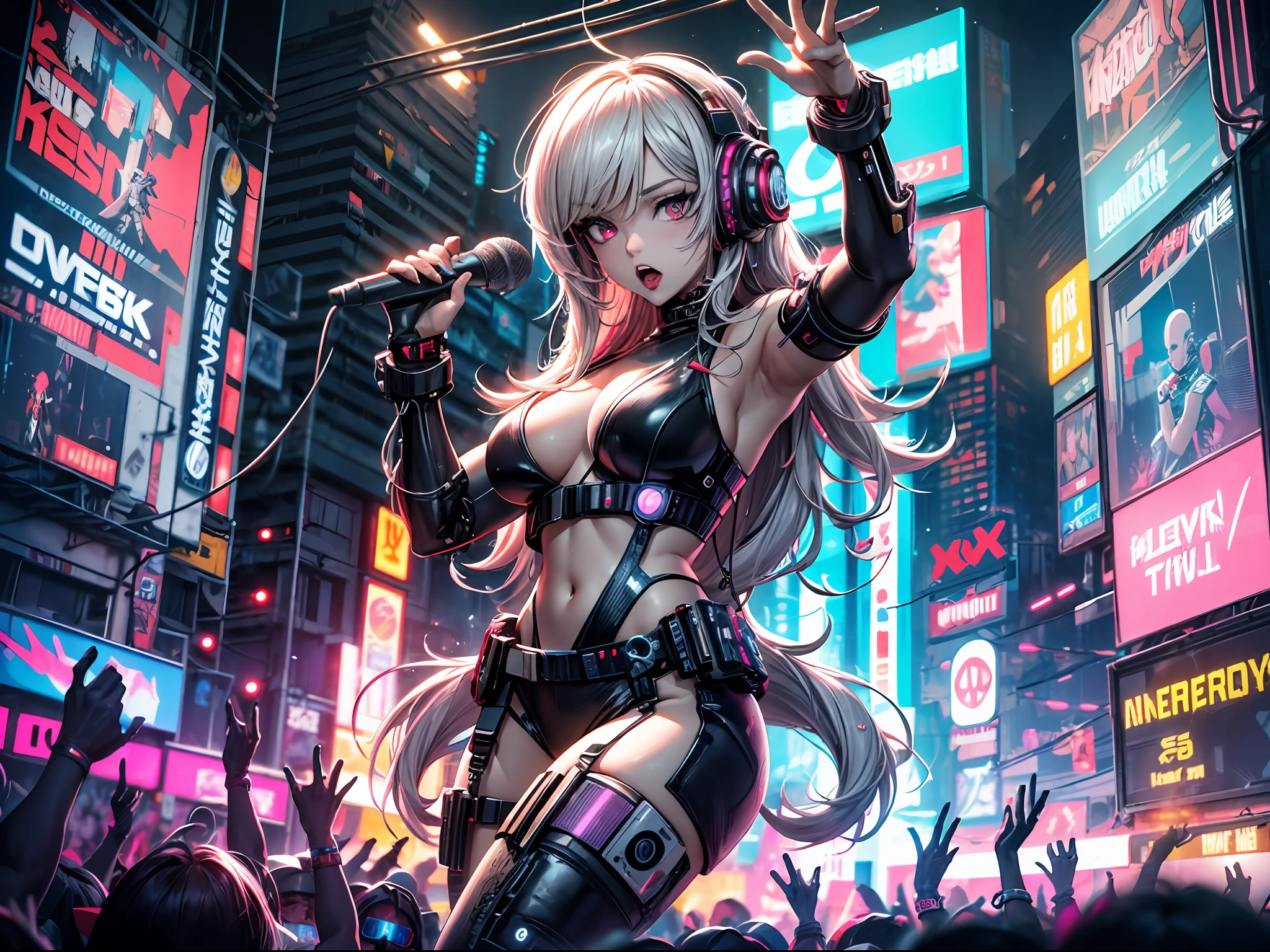 (((Cyberpunk universe))), Cyberpunk idol performing on a neon-lit stage, charismatic and energetic, surrounded by a cheering crowd. Futuristic bass sounds and dynamic microphone movements add to the electrifying atmosphere. Dressed in cutting-edge cyberpunk fashion, the idol stands out under the vibrant neon lights of the night concert. 🔥 Let the colors of the cyberpunk world come alive.