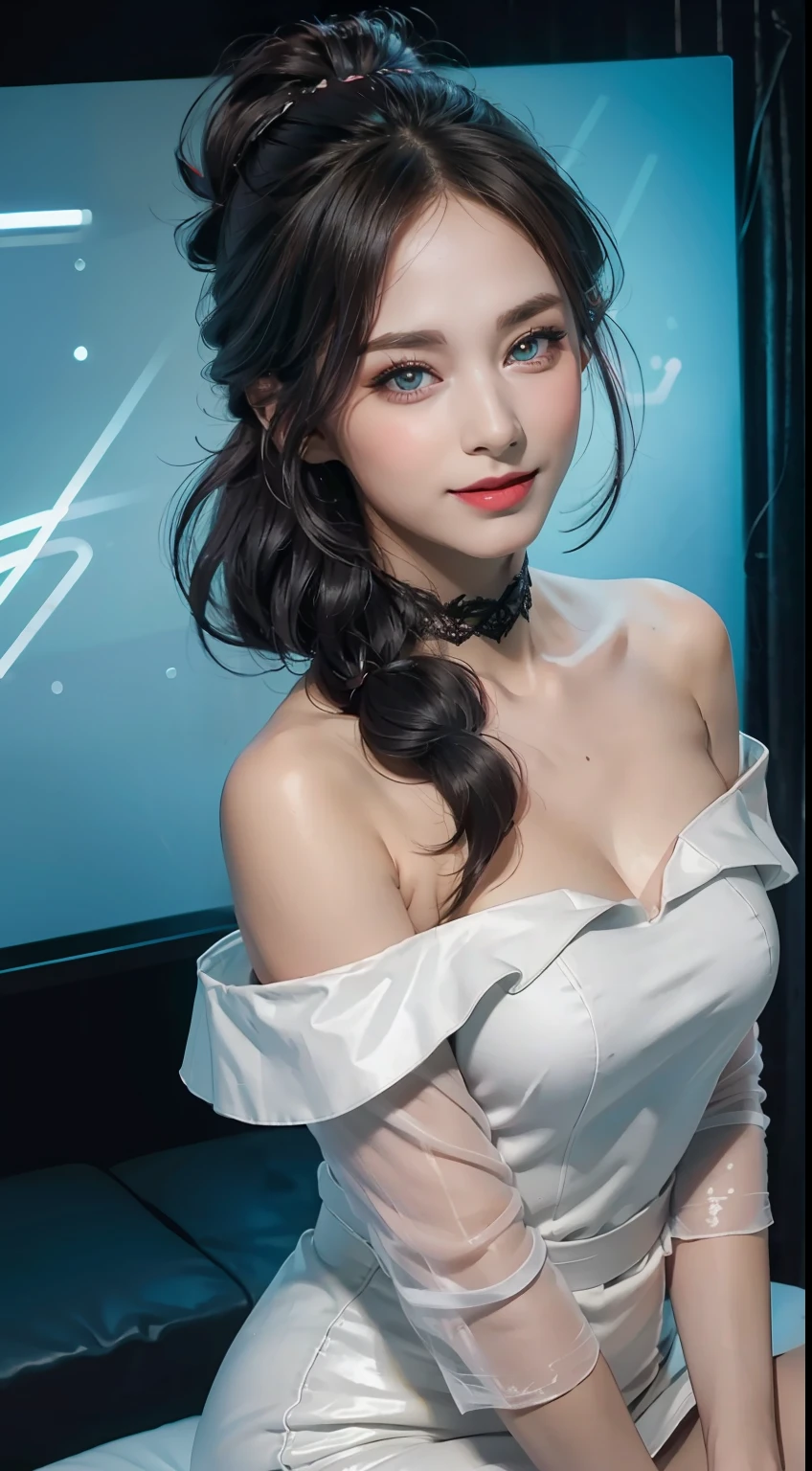 close up, (neon, night view, Dutch angle, from above, strapless: 1.3), masterpiece, best quality, raw photo, photorealistic, off shoulder, black lace dress, black choker, yellow eyes, reddish, updo, upper body, neckline, facelight, shiny skin, film grain, chromatic aberration, absurdres, highres, ultra detailed, finely detailed, detailed eyes and face, sharp pupils,  realistic pupils, sharp focus, dark hair, in a room, lights off, happy expression, smiling