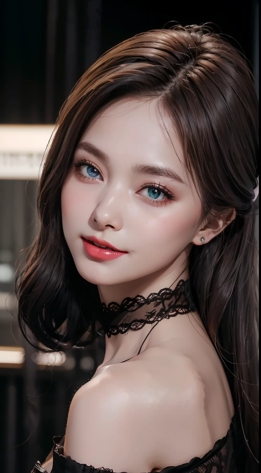 close up, (neon, night view, Dutch angle, from above, strapless: 1.3), masterpiece, best quality, raw photo, photorealistic, off shoulder, black lace dress, black choker, yellow eyes, reddish, updo, upper body, neckline, facelight, shiny skin, film grain, chromatic aberration, absurdres, highres, ultra detailed, finely detailed, detailed eyes and face, sharp pupils, realistic pupils, sharp focus, dark hair, in a room, lights off, happy expression, smiling
