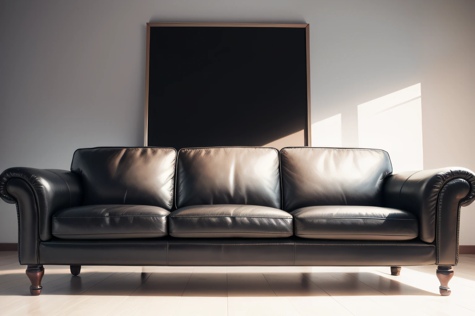 Leather black sofa，background whites，Light from the left，panoramicshooting，From the front side