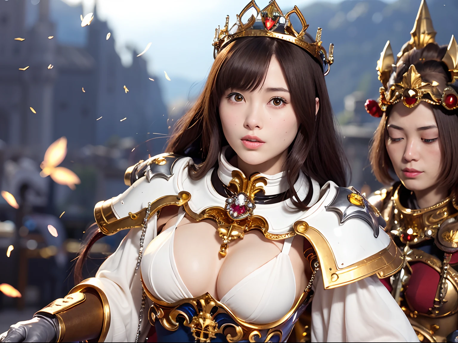 (masutepiece), Professional , ​masterpiece、top-quality、photos realistic , depth of fields （Gemstone Silver Metal Body:1.９),(Matte White、Particles of light、Jewel Gold Weapon、（Gorgeous castle background）、（Jewel Metal Body:1.４),Gorgeous Jewel Metal Weapons , Detailed Sword of the Brave ,（ Soldier background in metal armor）   ,warhammer 40k , adepta sororitas,Detail and ornate jewel crown、独奏、Brown hair、（Gangle's forest background）、Beautiful Caucasian beauty、１a person、dynamic ungle,(((Diamond tiara with detail and luxury)))、a small face、A smile、Powerful poses、（Gorgeous castle background）、huge filesize、20 year old beautiful woman、Stand in the center of the screen、Thin female fingers、Straight long hair、Lightly open your mouth、