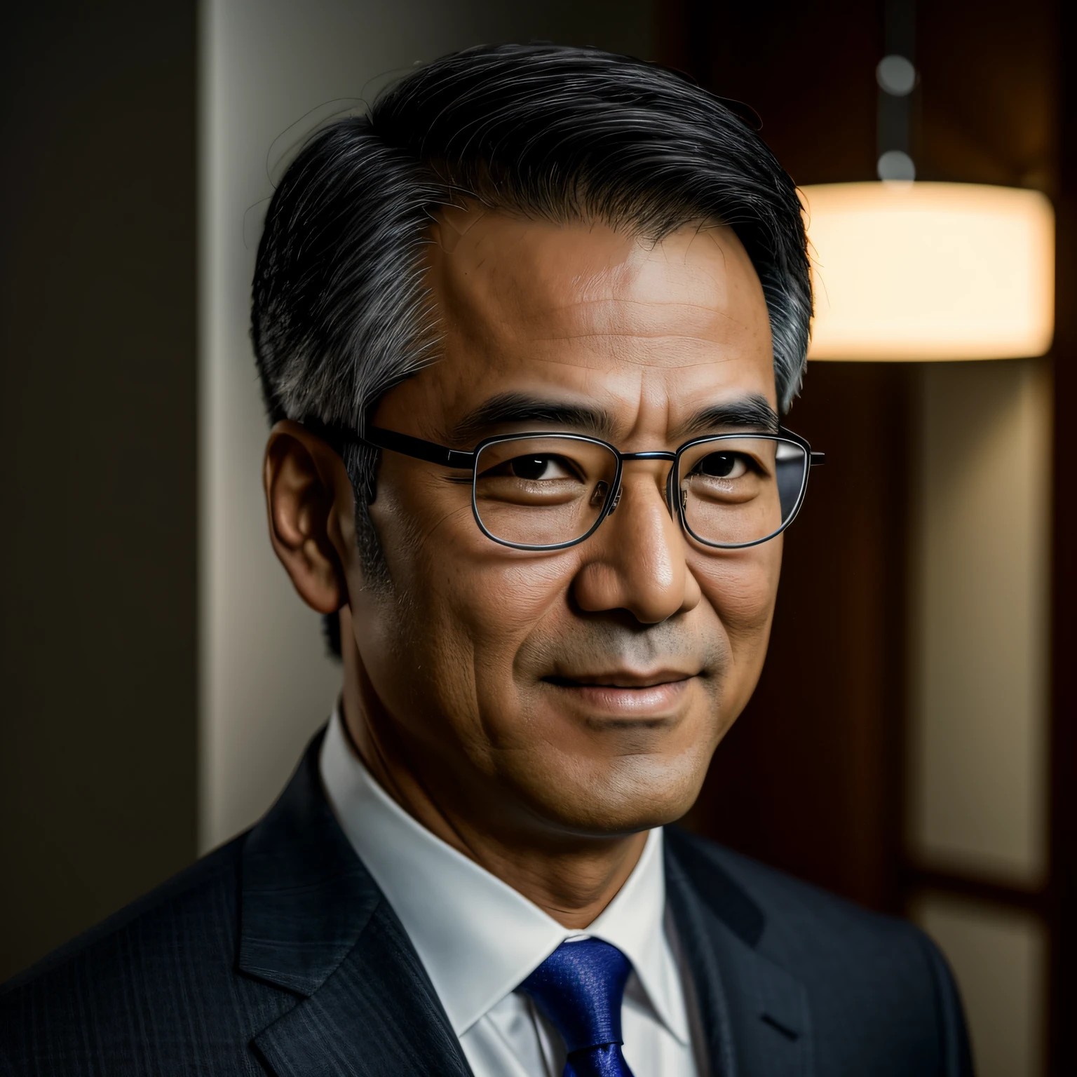 ((8k, best quality, masterpiece)), a Man standing in suit and tie, Japanese, Super young 60years old, Silver glasses, slightly chubby face, clean face, no beard on chin, black super short hair, Confident smile, body and head straight in the photo, DSRL, facing the viewer of the photo, eyes fixed to the lens, appears shoulders and head in the photo, man centered in the photo, realistic, realistic photo, movie photo, ultra realistic, 1 person, detailed, Perfect lighting, DSRL, professional photo, 4k