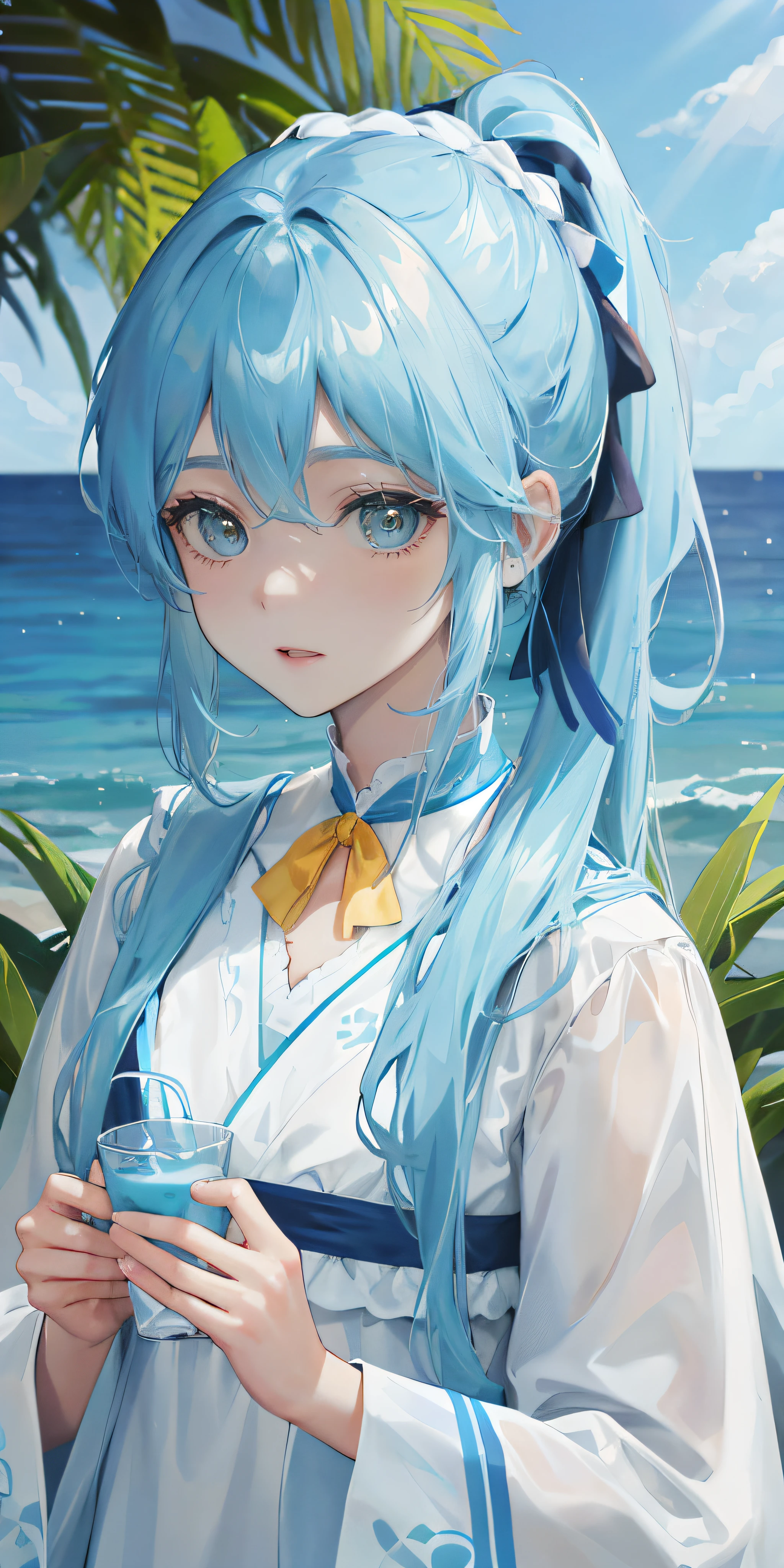 Against the background of the element of water,Light blue double ponytail hair,Yellow bells hung in his hair,Blue and white milk clothes,Cute cute girl