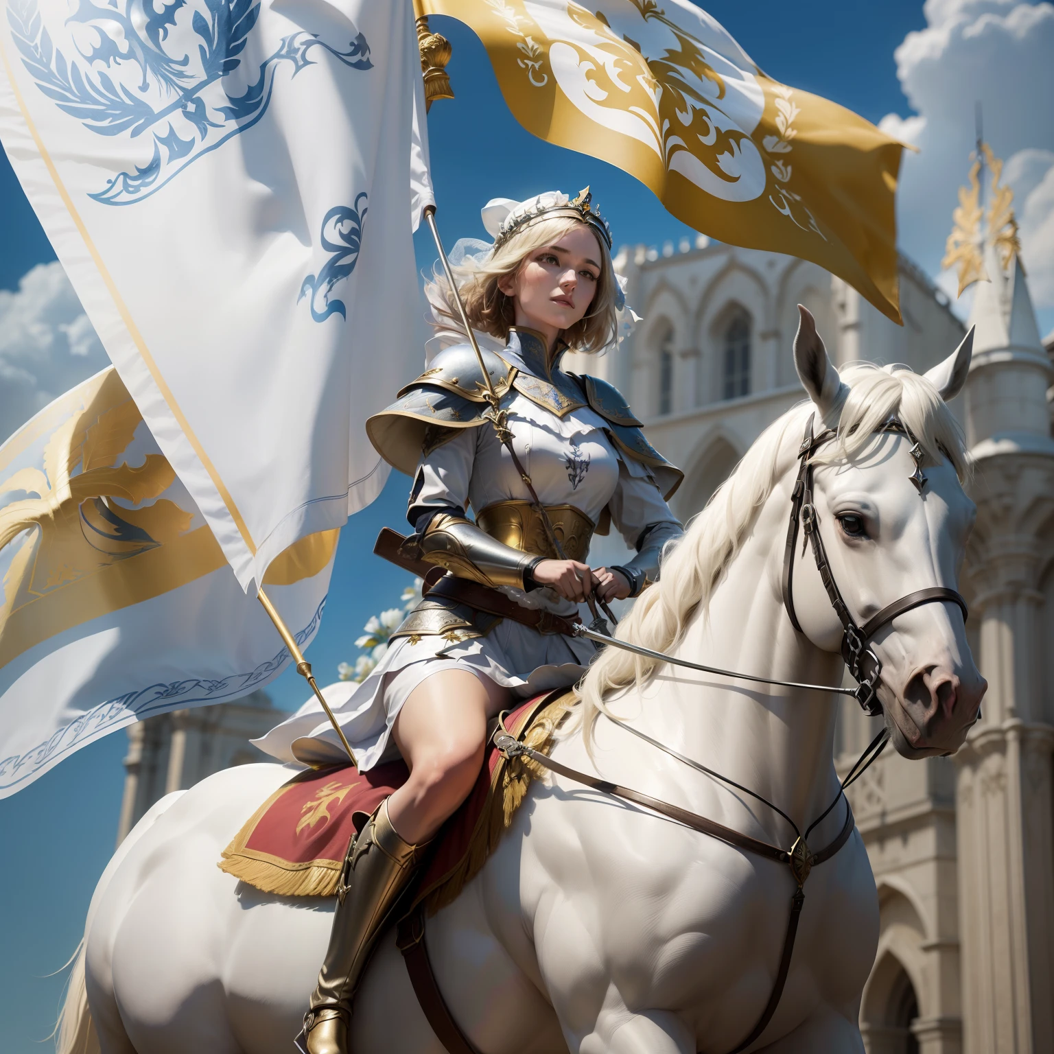 (((Fleur-de-lis))) a dynamic image of Joan of Arch with short (bobbed) hair, wearing white armor with a (((Fleur-de-lis))) emblazoned on the chest-plate, riding a Rearing white horse who is standing, holding aloft a branner flag depicting the (((Fleur-de-lis))), lily symbol of royal France, photorealistic, hyper-detail, 24k resolution.