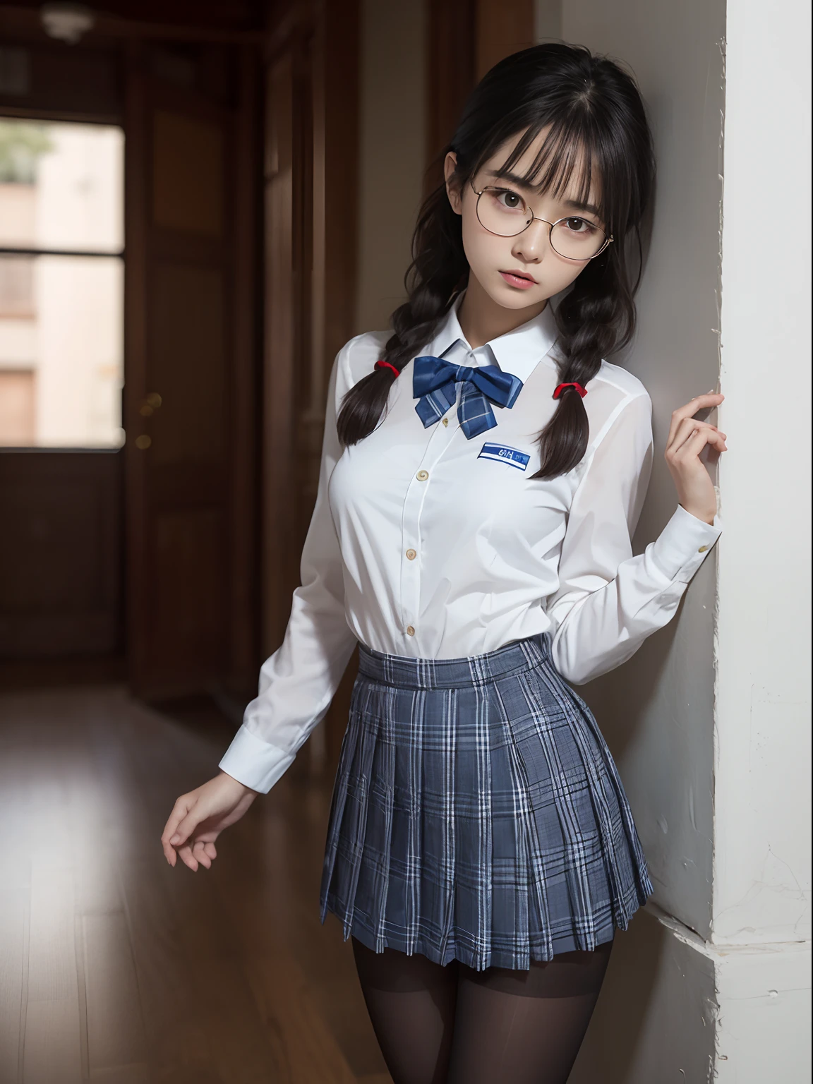 (Long twin tails),(Bra shows through and are visible),(8K、Raw photography、top-quality、masterpiece:1.2),glamor,Chromo-white skin,cocky,School,watching at viewers,Looking at the front,Muchimuchi,Erotic,Pupils,de pele branca,kne,Student Bag((Black pantyhose)),absurderes,a small face,small tits,flat breast,Parting the bangs from the middle、Forehead visible,(a cold expression,Tight eyes,glares,Bullish,skinny,Rasping,irate)、masterpiece,top-quality、超A high resolution,Raw photo,ren,Beautiful fece,One Person, 独奏,eye glass,,Dark look,Small breasts,fullllbody,Round glasses,JK school uniform,hi-school girl,A Japanese Lady,is standing,(Photorealsitic:1.37)、Photon mapping,Realistic、Beautie,Cute little face,Brown-eyed、Black socks、(Red bow tie)、Radio City、Physically Based Rendering、depth of fields、Blurry background、a picture,Body,beauty legs, Long legs, Thin leg,(Bangs are visible), hair, s lips, Blue_The eye, nosesoft,(Light blue shirt), (Navy and blue and white plaid pleated skirt), Knees are visible,Sheer clothing,, Thigh, Black cotton socks,Nogizaka Idol, 女優, Japanese ido