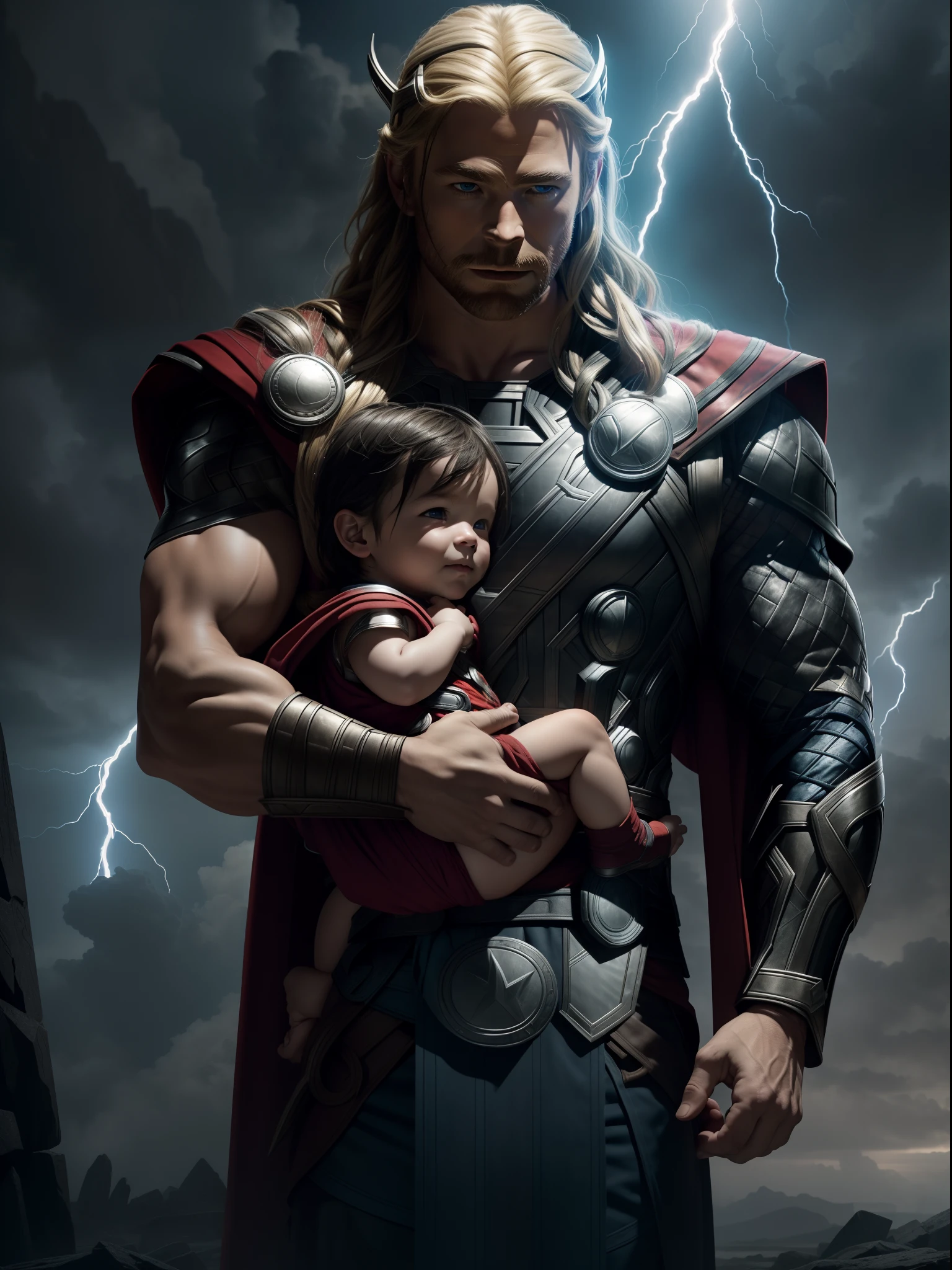 ((("Thor Carrying His Child Photo")))
Subject: A heartwarming photograph capturing Thor, the mighty superhero, tenderly carrying his child in his arms.
Type of Image: Photograph.
Environment/Background: Mythical realm with epic landscapes and a hint of thunderstorm.
Character's Expression: Thor's powerful presence softened by a loving smile as he holds his child close.
Camera: Close-up.
Shot: Front view.
Lighting: Dramatic lighting with flashes of lightning casting a mystical ambiance around Thor and his child.
Resolution: High-resolution image suitable for print.

Camera Lens: 50mm.
View: Front view.
Camera Angle: Slightly lower angle to showcase Thor's heroic stature and the bond with his child.
Lighting: Dynamic light emphasizing Thor's features and the magical atmosphere.
Resolution: 4K or higher.