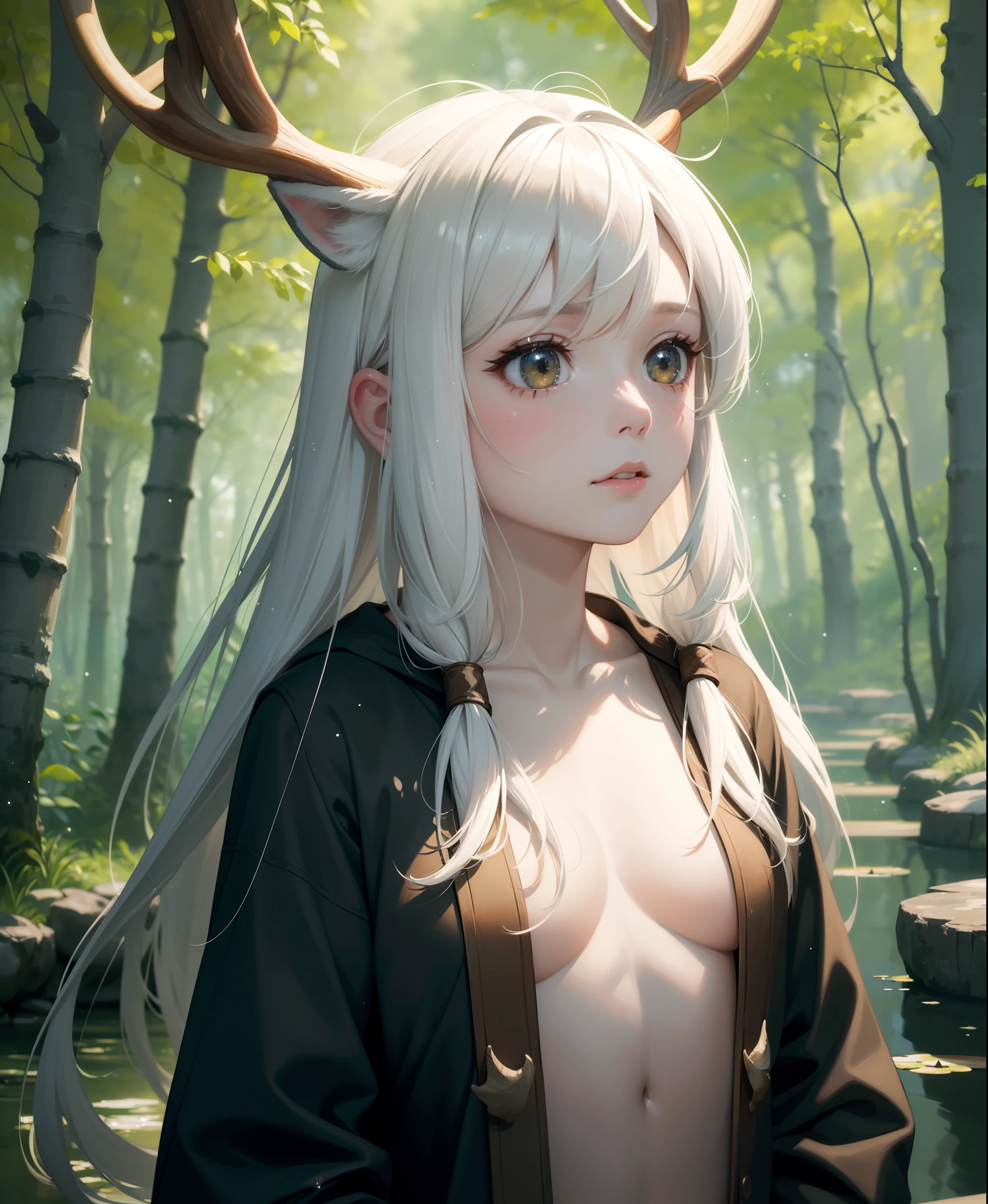1girl,birch forest,monet color,(antler:1.2), stream,close shot,close shot,anime characters,white hair,deer hair,the whole body,oil painting,post-impressionist,(face upward:1.2),Post Impressionist,Droplets,well,soft lighting,COOL,