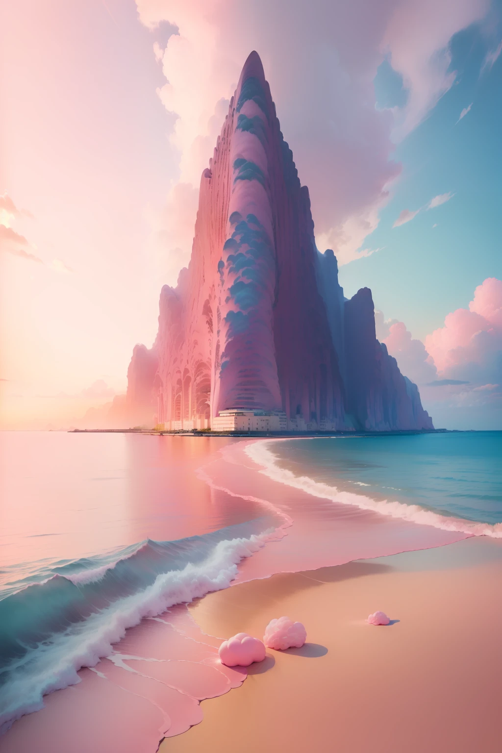 "((((Pink ocean))),((Best quality, Masterpiece level))),((White clouds in the sky)),nature scenes,photore,Realistic landscape,A high resolution,ultra - detailed,tmasterpiece,best qualtiy,𝓡𝓸𝓶𝓪𝓷𝓽𝓲𝓬,top-quality,(Masterpiece level:1.3),Atmospheric perspective,super detailing,dynamic compositions".