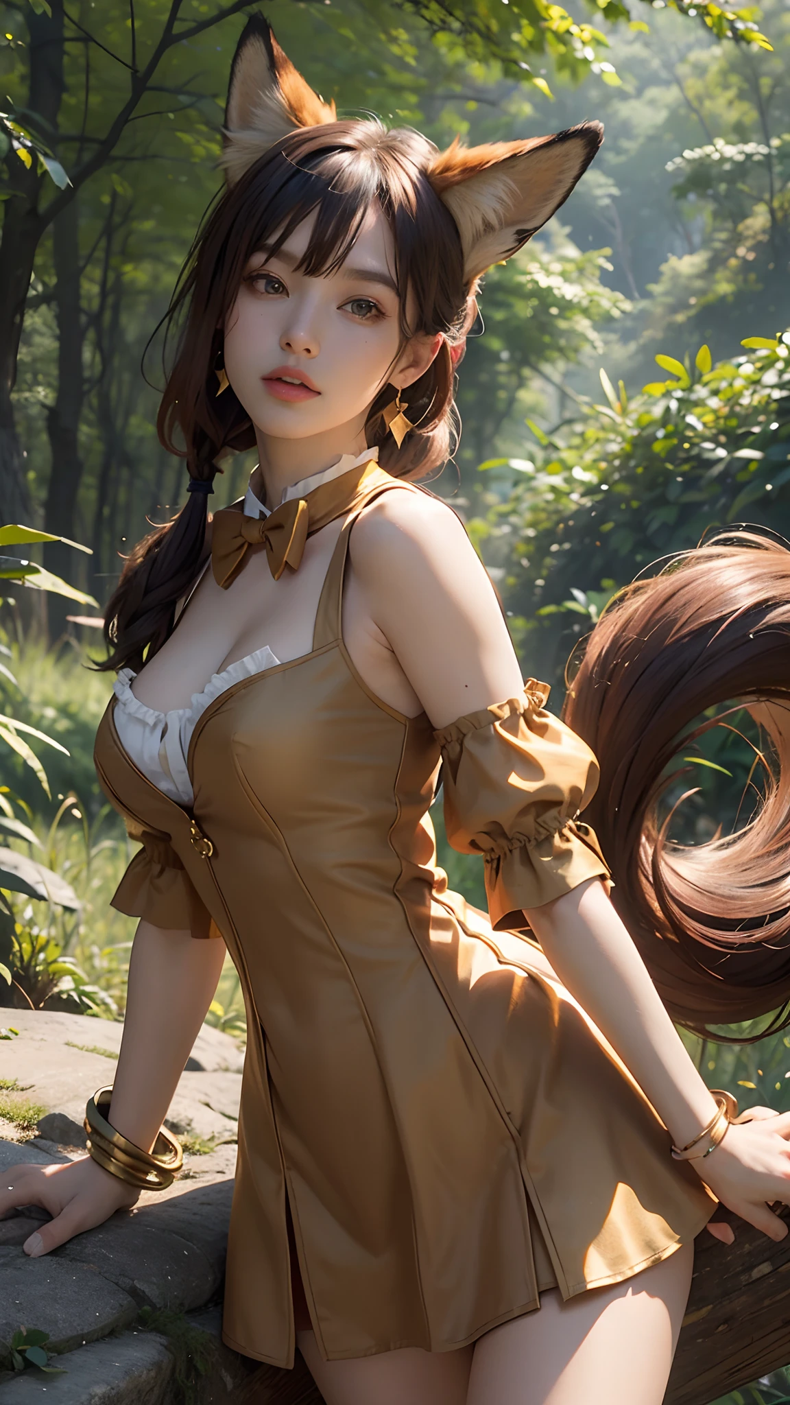 Masterpiece, best quality, Ultra Detailed, RAW Photo, (Photorealistic:1.4), HSR Tingyun, 1girl, solo, bangs, (fox ears), medium breasts, clothing cutout, cleavage cutout, animal ears, fox girl, brown dress, ponytail, bowtie, dress, (bracelet), jewelry, cleavage, detached sleeves, (blue bracelet), white sleeves, shirt, sleeveless shirt, gold trim, brown dress, (tail, fox tail), earrings, dynamic angle, outdoor deep forest,