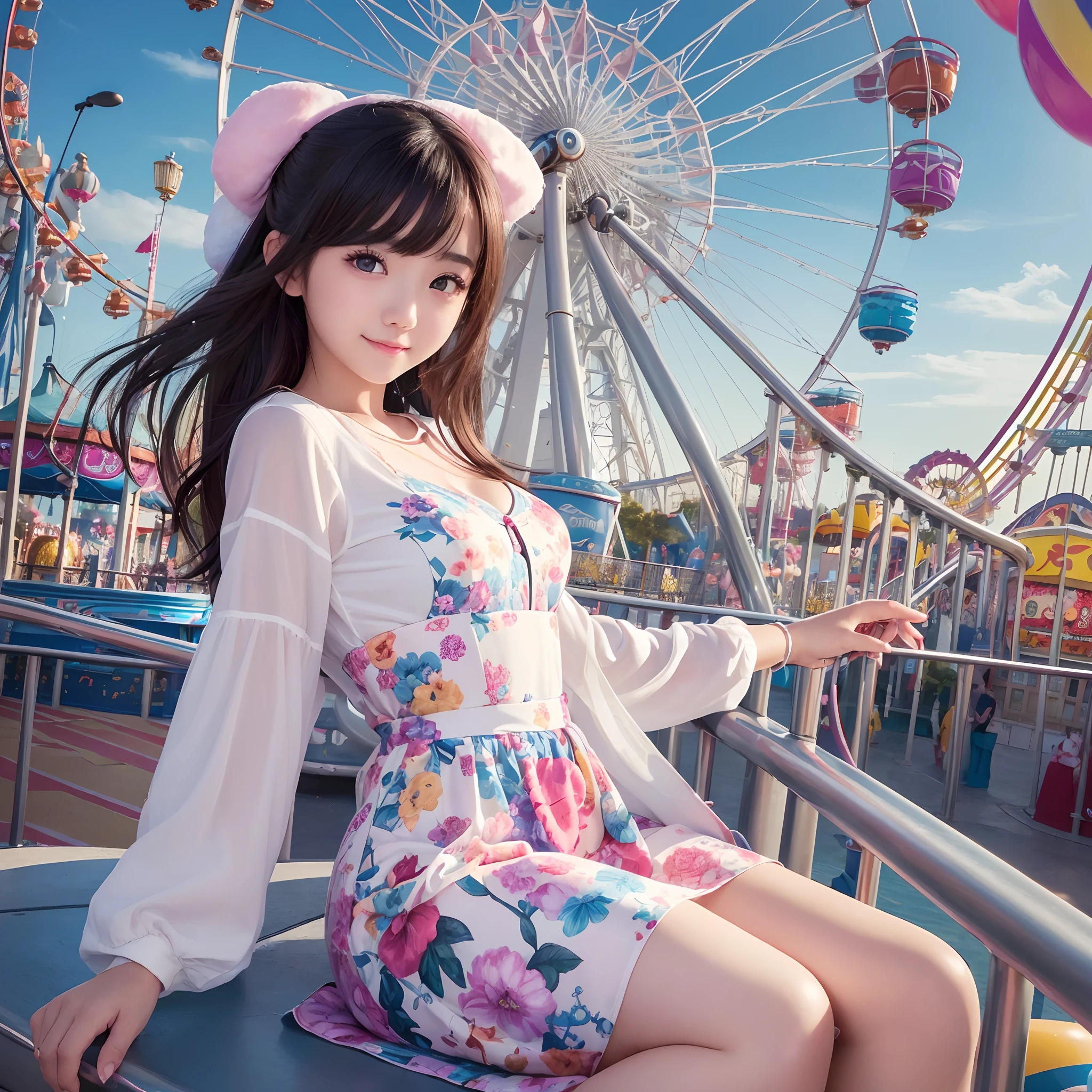 Highest quality、masterpiece、High sensitivity、High resolution、Detailed Description、One person、Slender women、Slim Body、Riding the Ferris wheel at an amusement park、smile、