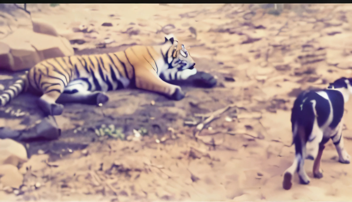 Carcass of a tiger resting in the shade of a tree。The side of the head is pressed against the ground,Lie on your side and rest on the ground,((Tiger)), one tiger, Tiger, his body buried in the sand, Wild body, resting after a hard fight, Dog walking in the dirt area next to the carcass,