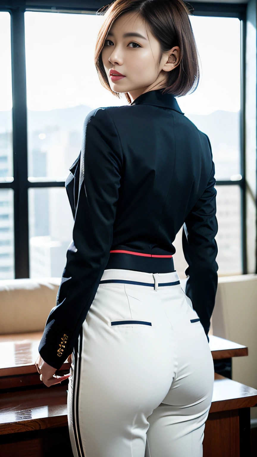 （best qualtiy，8K，32K，tmasterpiece，hyper HD：1.2），1girll，Beautiful Chinese woman，a narrow waist，white business suit，office  lady，Business suit，trouser，from back，office room，Office desk，（stick out buttocks：1.2），详细的脸，short detailed hair，