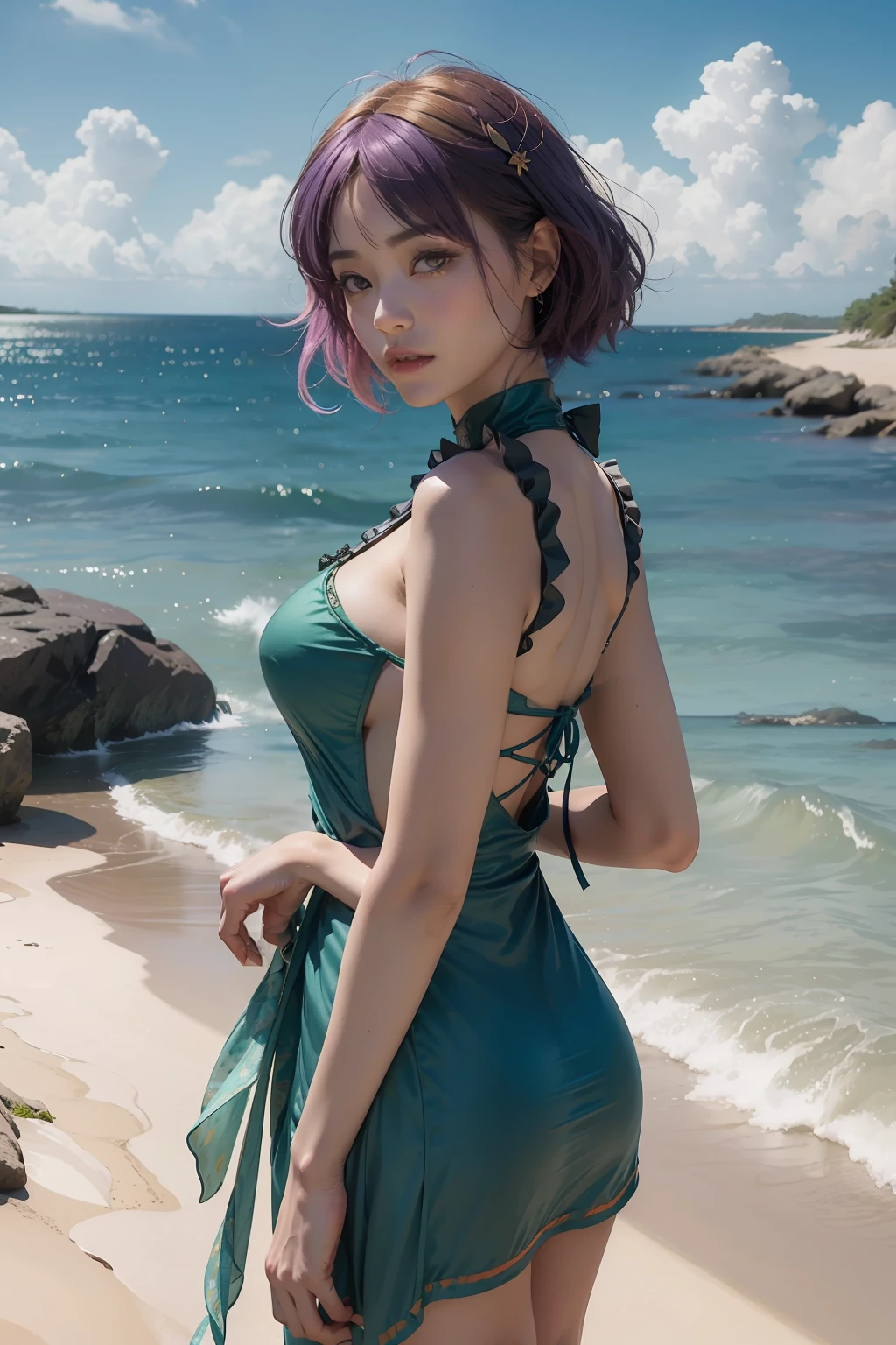 8K, Top Quality, Intricate Details, Ultra Detail, Ultra High Resolution, Masterpiece, random angle, Slender, Smile, (Makeup: 0.4), (Fluffy Blue Eyes: 1.21), blue Eyes, looking at viewer, ((full body)), 1girl, solo, 1 girl, (( full body)), close up shot, , ((tall)), (((fit body))), (((slim face))), sharp face, sharp eyes, (((blue hair, short hair, bangs )) , (detailed face), sharp face, small lips,
(( )), ((, battlesuit )), detailed face, detailed breast, , large breast, detail ass, , Beautiful girl with accentuated slender abs: 1.4, Six Pack Abs: 1.4, Bust Botox, Big, Perfect Body, detail leg, (( moonlight)),in the forest, onsen