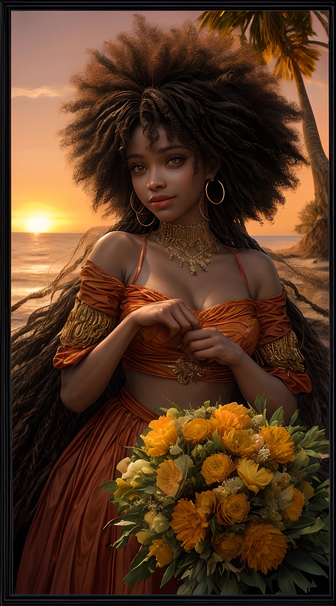 Um close-up do rosto de uma mulher afro-americana, banhado em tons quentes de laranja, as if illuminated by the soft glow of a sunset, seus olhos brilhando de alegria e contentamento, framed by flowing strands of hair, fotografia, fotografada com uma lente de 35mm