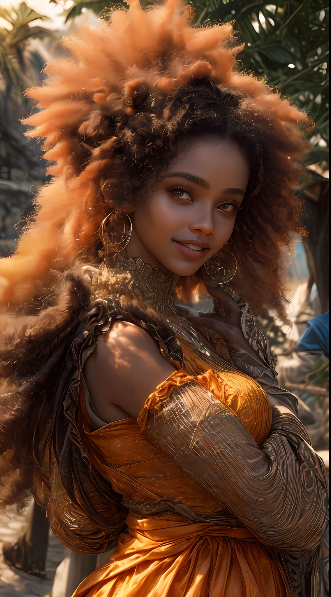 Um close-up do rosto de uma mulher afro-americana, banhado em tons quentes de laranja, as if illuminated by the soft glow of a sunset, seus olhos brilhando de alegria e contentamento, framed by flowing strands of hair, fotografia, fotografada com uma lente de 35mm
