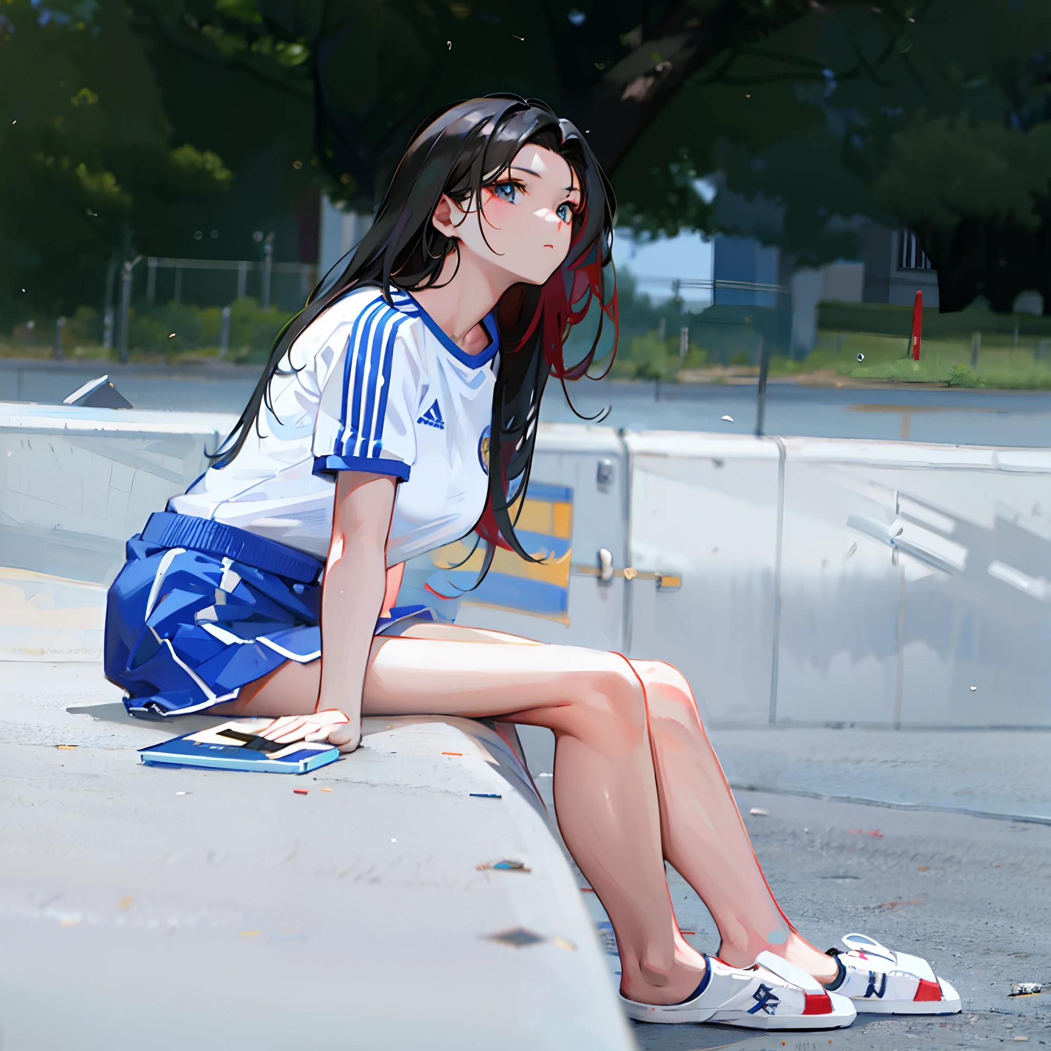 there is a woman that is sitting on a window sill，legs crossed, photo of slim girl model, Chinese girl, in school uniform, Korean girl, Sporty, photo of slim girl, very beautiful slim legs, pretty face with arms and legs, Attractive pose, Beautiful girl model, wearing a volleyball jersey, Long thin legs, wearing track and field suit, cute sportswear，artbook style