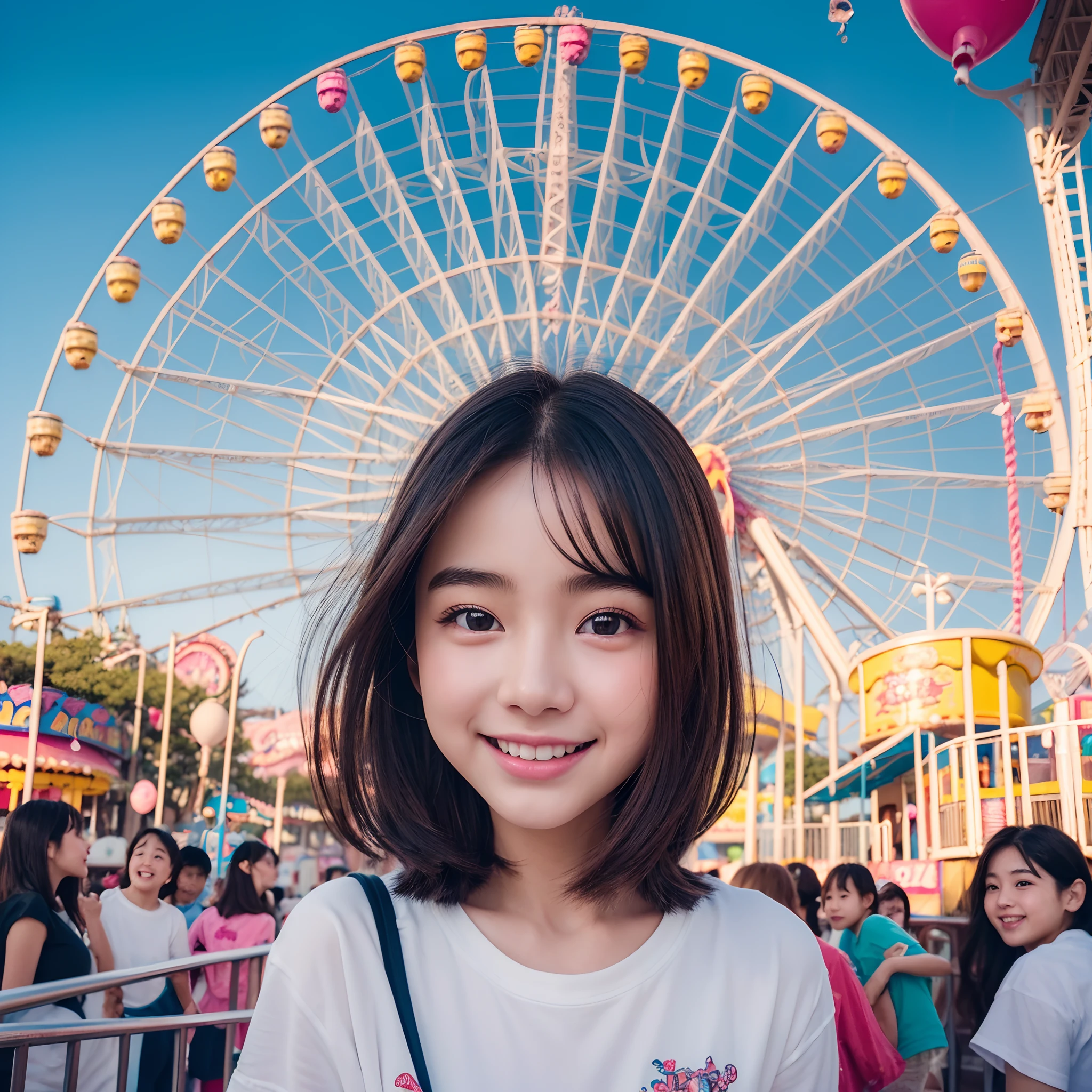 (8K、top-quality、超A high resolution、masterpiece:1.2)、(Photorealsitic:1.4)、(detailed skins:1.3)、(bokeh dof)、女の子1人、(ulzzang-6500:1.0)、(style-keta: 0.8)、Portrait of cute ite teeautiful Japan girl at 15 years old、Teen、(Detamile、(Colorful amusement park)、stas、happiness、lots of balloons、the Ferris wheel、merry-go-round、rollercoaster、Elaborate CG 8K wallpapers、dynamic ungle、beautiful lighting、profetional lighting、(foco nítido)