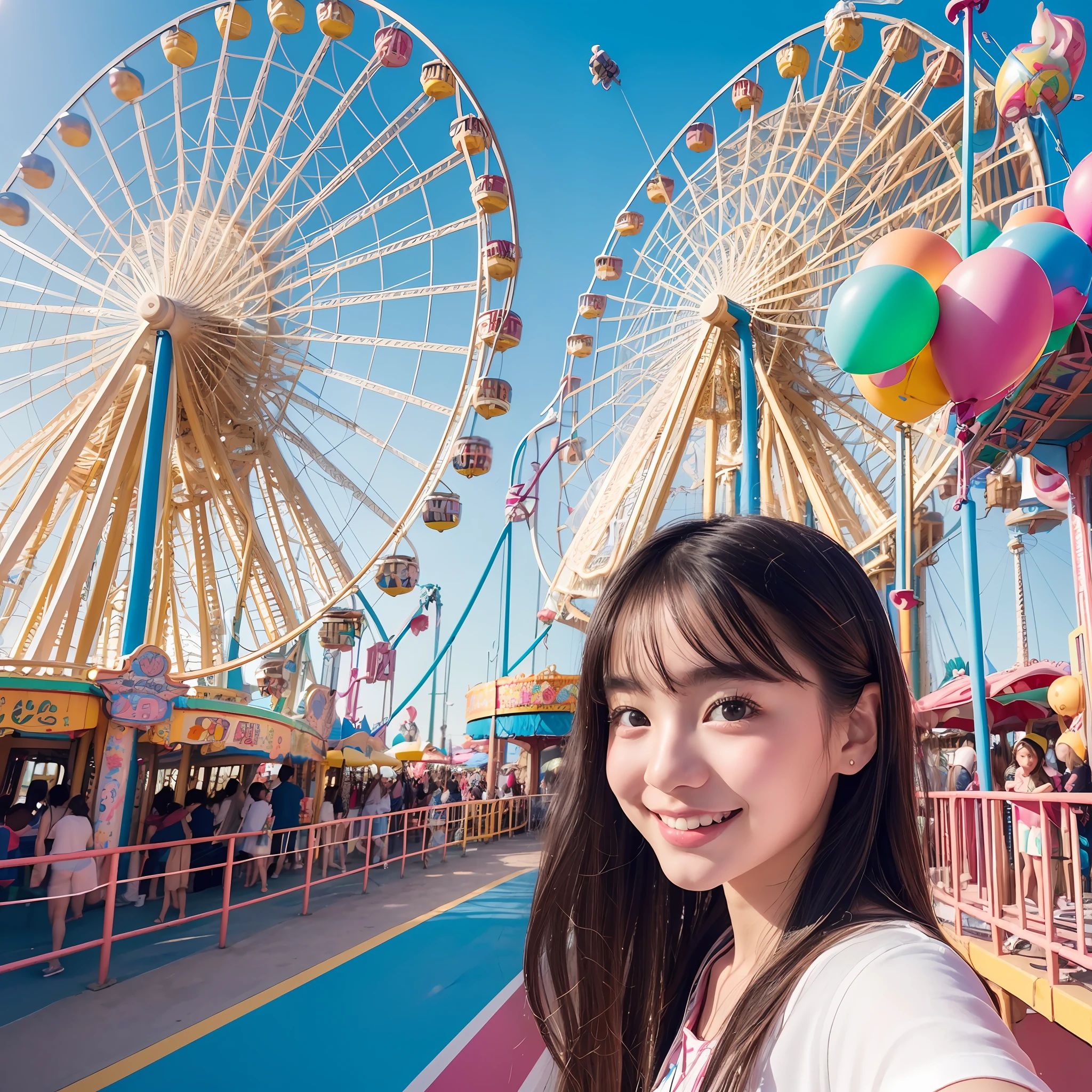 Close-up of happy people at The most beautiful and fun amusement park, colorful, happiness, highly detailed, perfect composition, amusement park advertisement, lots of details