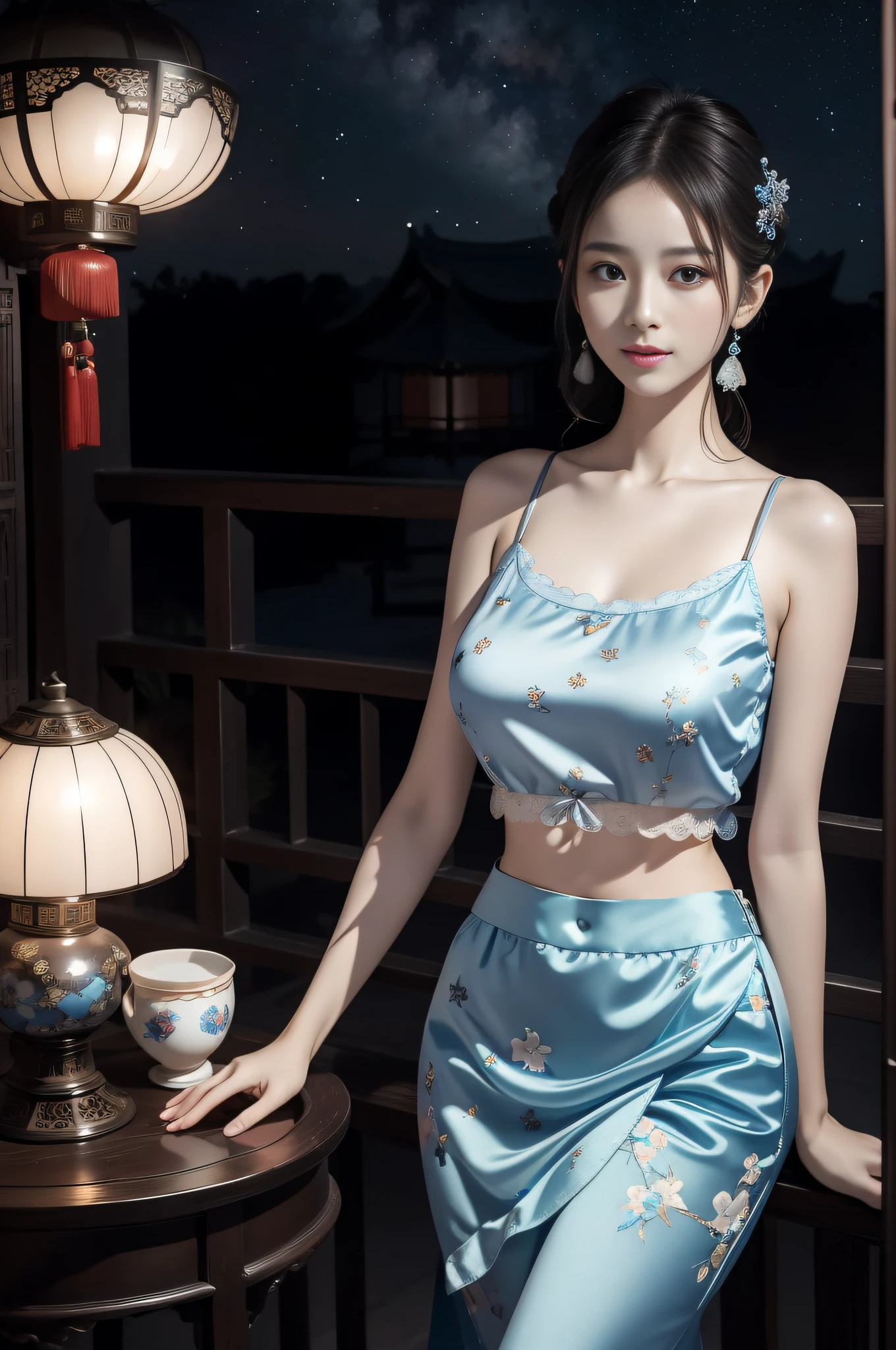 A delicate girl,Delicate facial features。Stand under the stars,Sapphire eyes,Chinese antique style,Beautiful light blue silk print camisole vest,Silk skirt