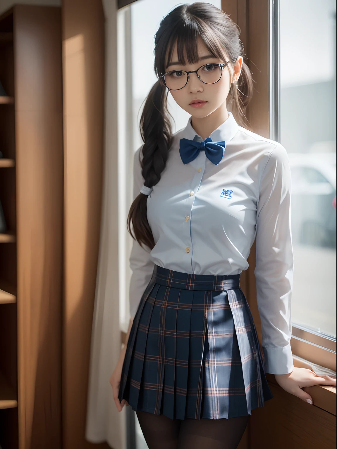 (Long twin tails),(Bra shows through and are visible),(8K、Raw photography、top-quality、masterpiece:1.2),glamor,Chromo-white skin,cocky,School,watching at viewers,Looking at the front,Muchimuchi,Erotic,Pupils,de pele branca,kne,Student Bag((Black pantyhose)),absurderes,a small face,small tits,flat breast,Parting the bangs from the middle、Forehead visible,(a cold expression,Tight eyes,glares,Bullish,skinny,Rasping,irate)、masterpiece,top-quality、超A high resolution,Raw photo,ren,Beautiful fece,One Person, 独奏,eye glass,,Dark look,Small breasts,fullllbody,Round glasses,JK school uniform,hi-school girl,A Japanese Lady,is standing,(Photorealsitic:1.37)、Photon mapping,Realistic、Beautie,Cute little face,Brown-eyed、Black socks、(Red bow tie)、Radio City、Physically Based Rendering、depth of fields、Blurry background、a picture,Body,beauty legs, Long legs, Thin leg,(Bangs are visible), hair, s lips, Blue_The eye, nosesoft,(Light blue shirt), (Navy and blue and white plaid pleated skirt), Knees are visible,Sheer clothing,, Thigh, Black cotton socks,Nogizaka Idol, 女優, Japanese ido