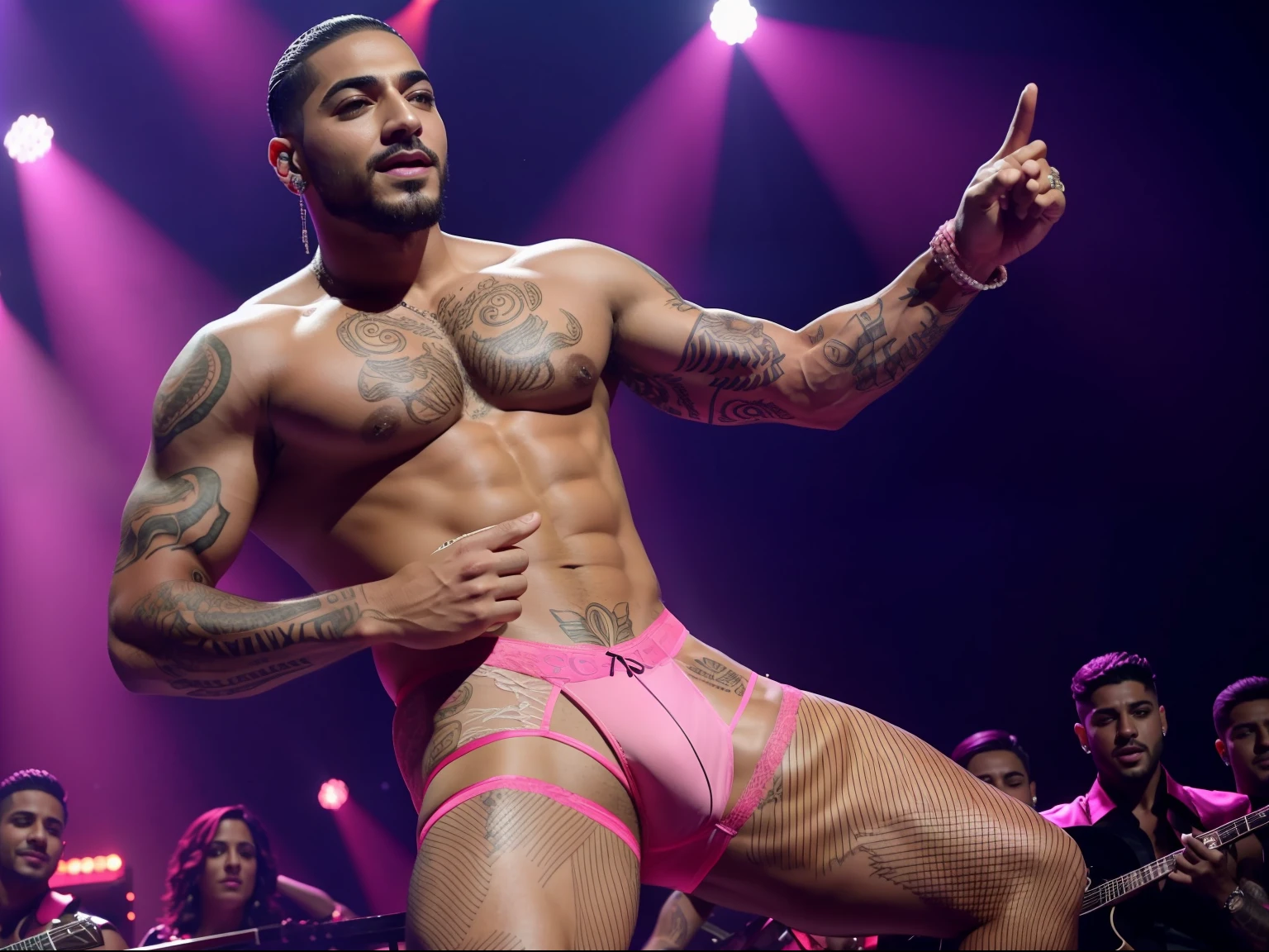 Latin singer Maluma doing solo concert in pink lace lingerie, at night, gay, sexy, provocative, homoerotic, hot