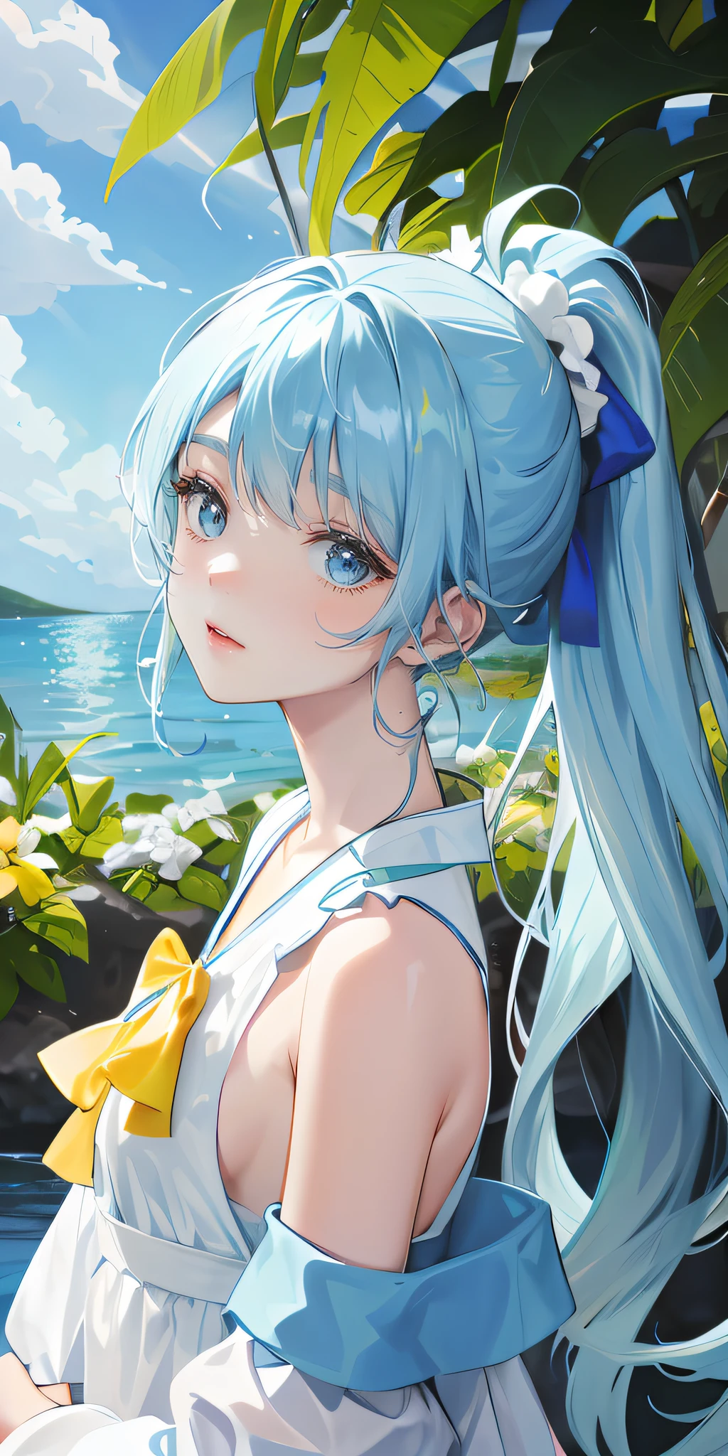 Against the background of the element of water，Light blue double ponytail hair，Yellow bells hung in his hair，Blue and white milk clothes，Cute cute girl