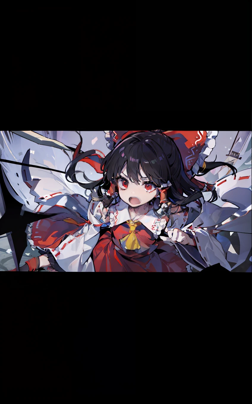 An anime photo knife with 100 dagger knives on the head kills everything, 1girl in, reimu hakurei, Solo, Hair Bow, Bow, Detached sleeves, hair tubes、Seiza、Hands on your knees、astonished face、Open mouth