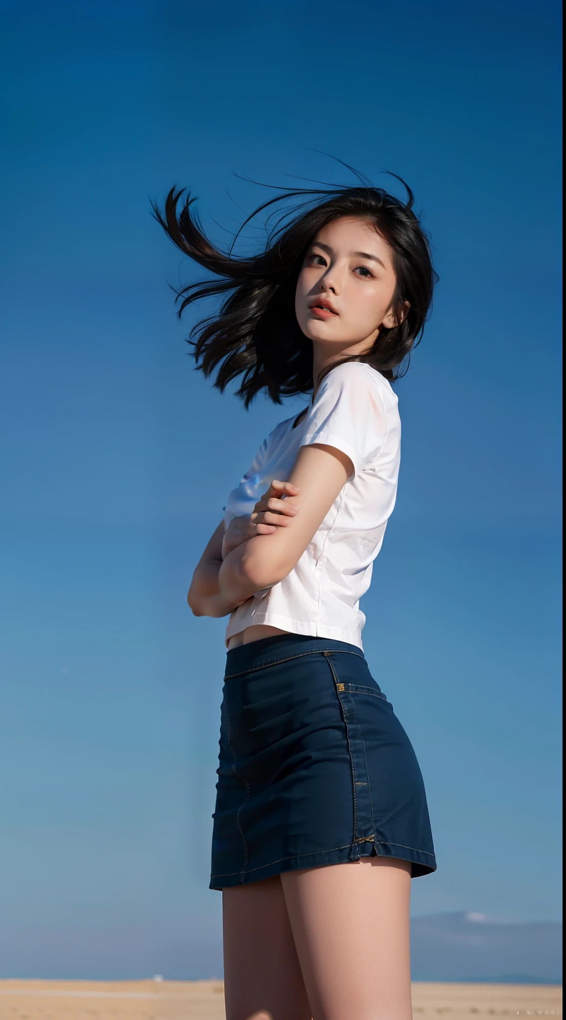 One wears blue short sleeves,Superskirt,huge tit,Beautiful young woman,Bigchest,Blowing the wind on the steppe,32K,Ultra-clear picture,The sky is clear,looks into camera,